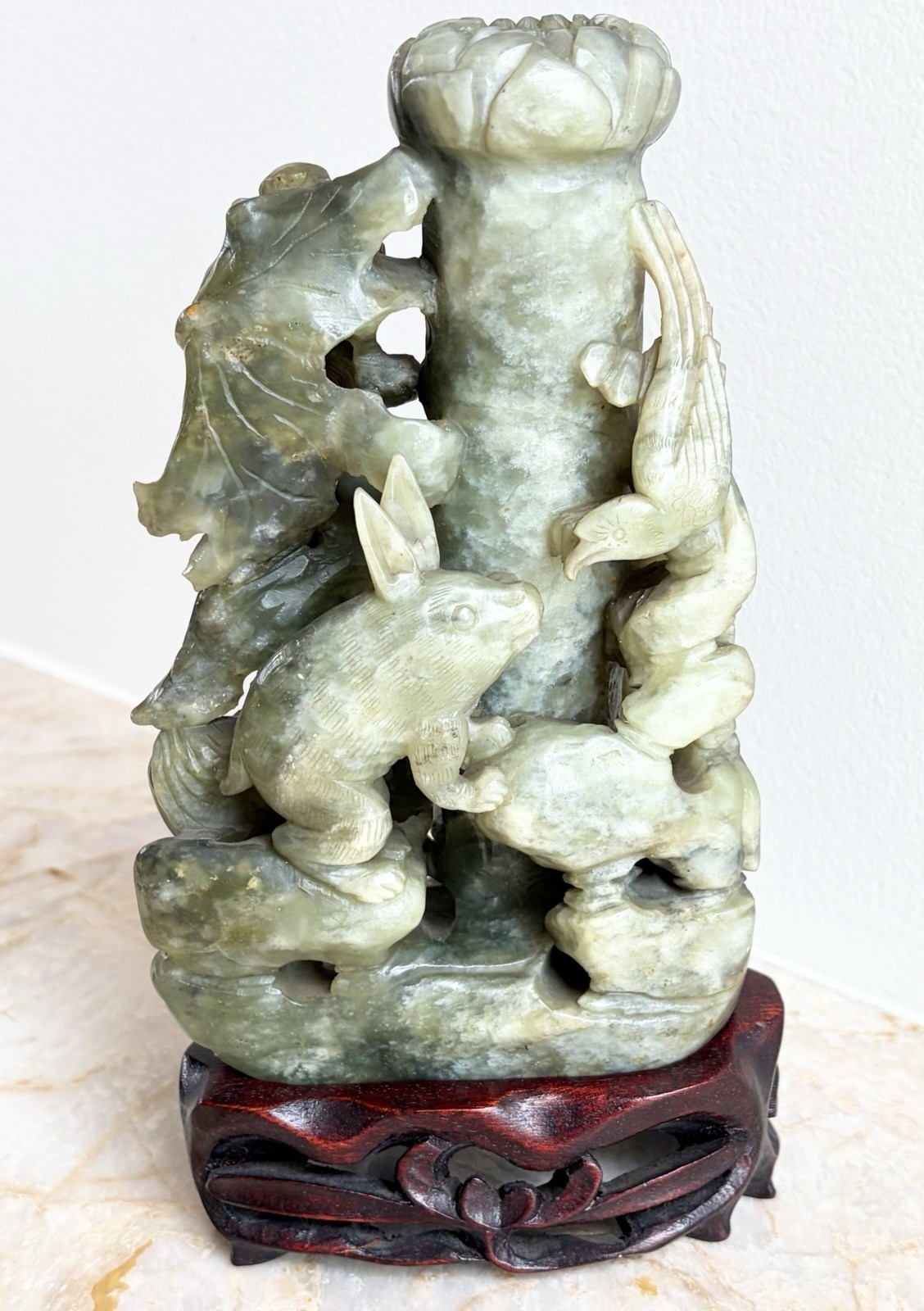 Antique Chinese Republic Era Suzhou Jade Serpentine Figurine & Stand