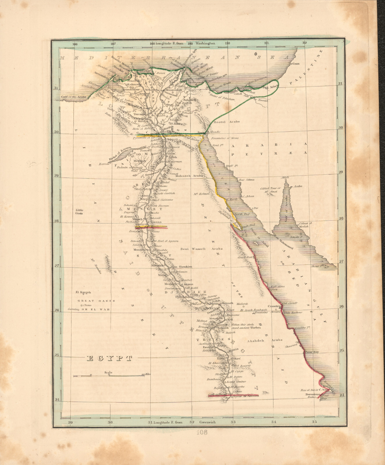 1835 Egypt – T.G. Bradford antique map ~12.2″ x 9.8″ – original hand coloring