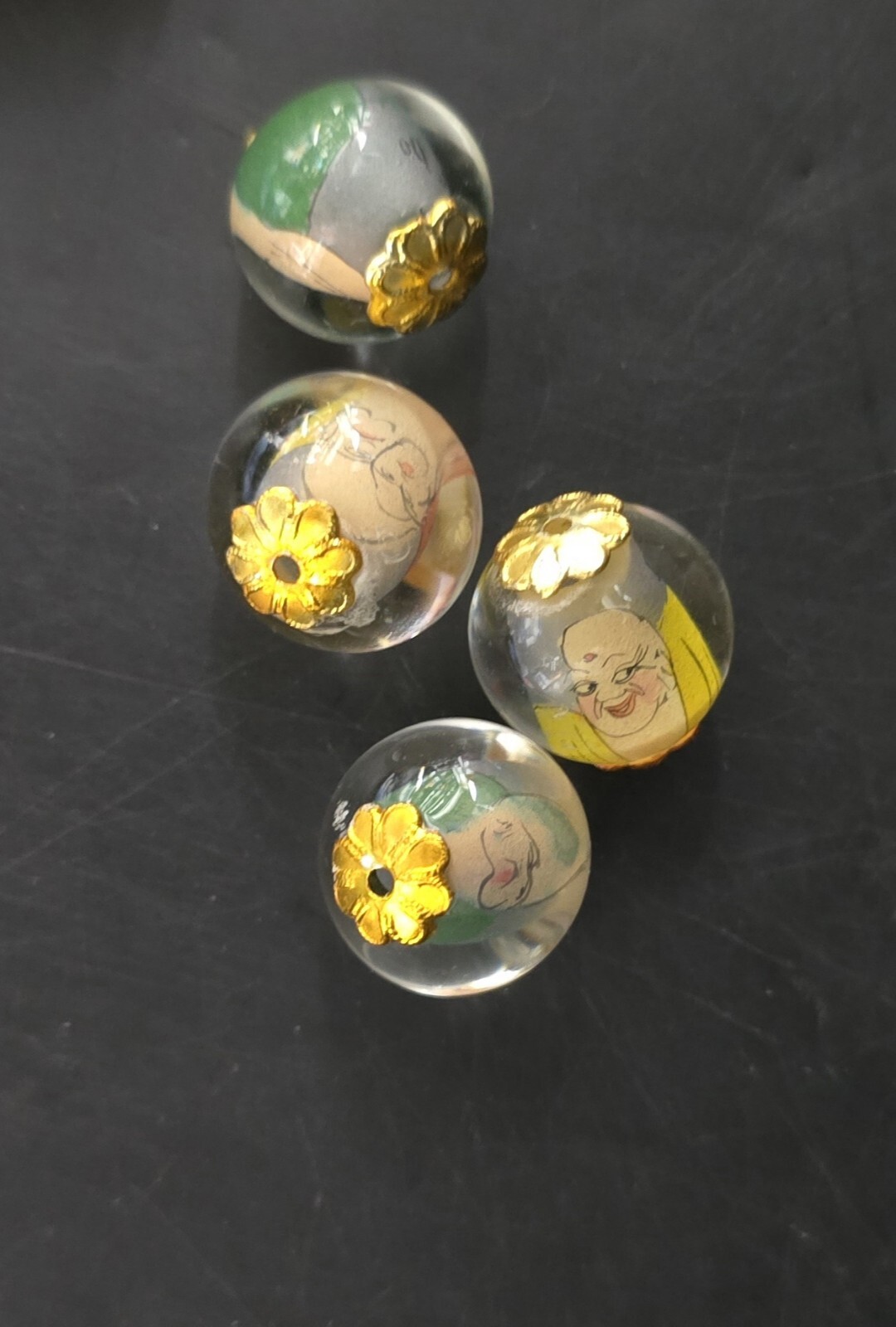Lot Of 4 Vintage Chinese Beads Reverse Painted Glass Round
