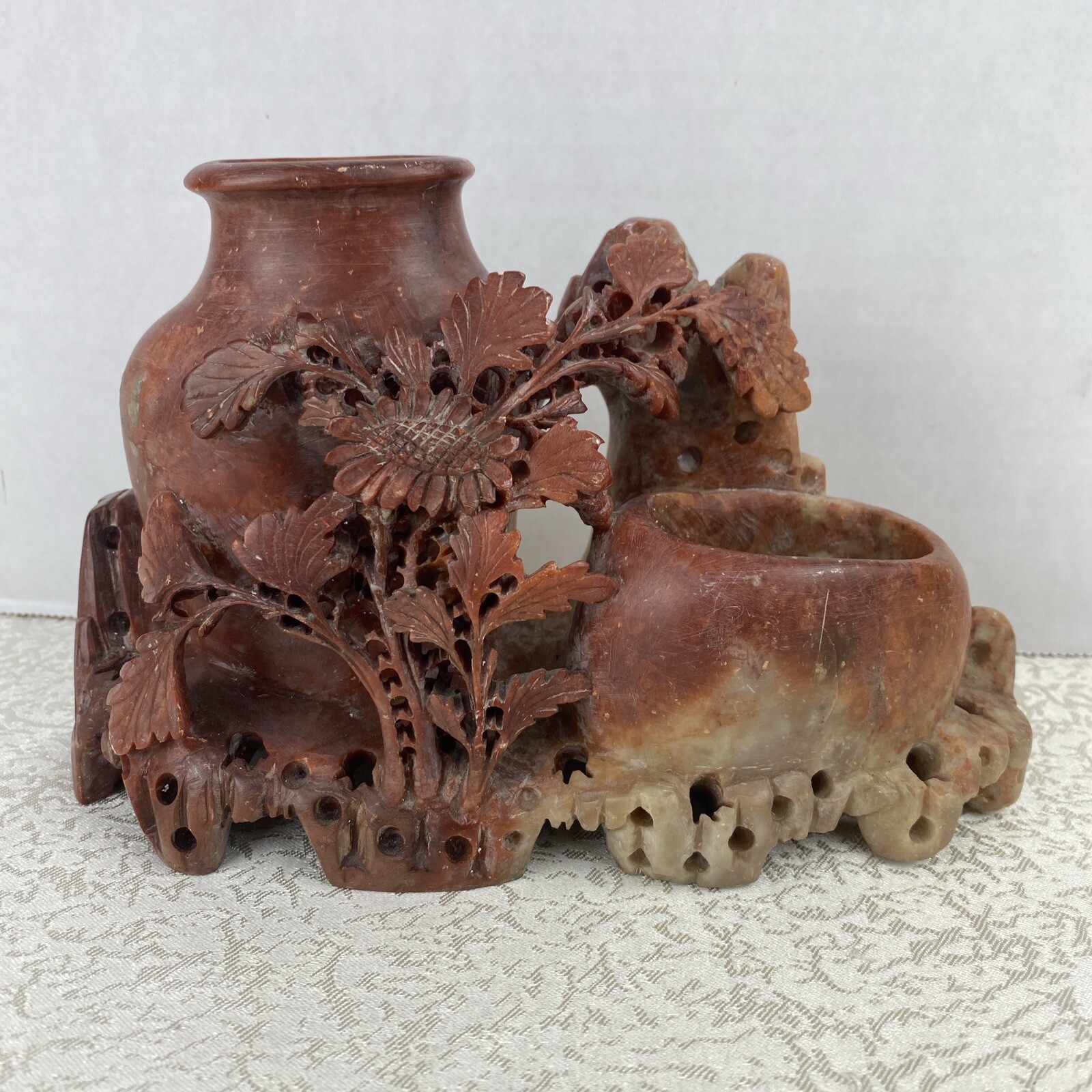 Asian Hand Carved Soapstone Double Vase Sunflower Leaves Chinese Home Decor