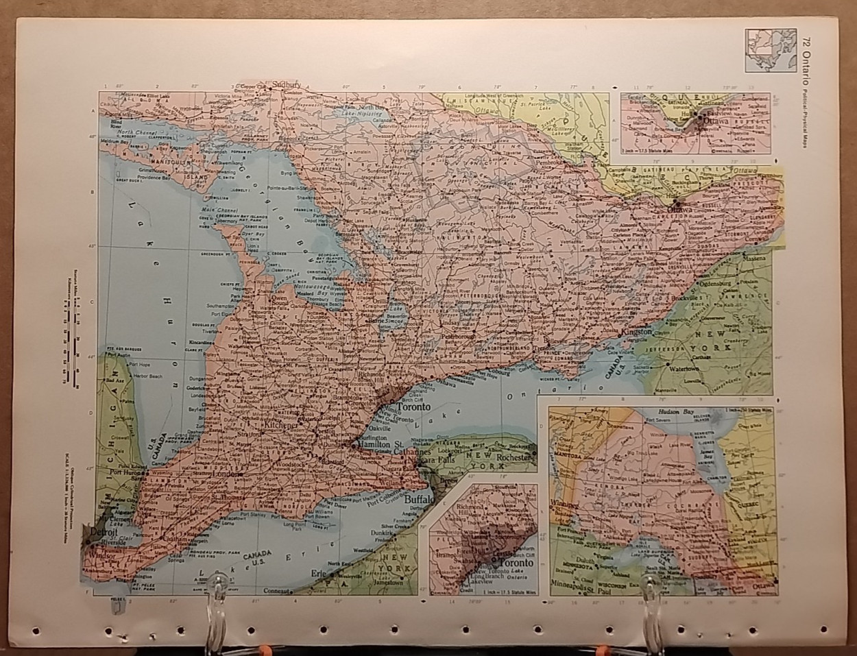 1966 Vintage ONTARIO Map from MCM Full Color Encyclopedia Britannica World Atlas