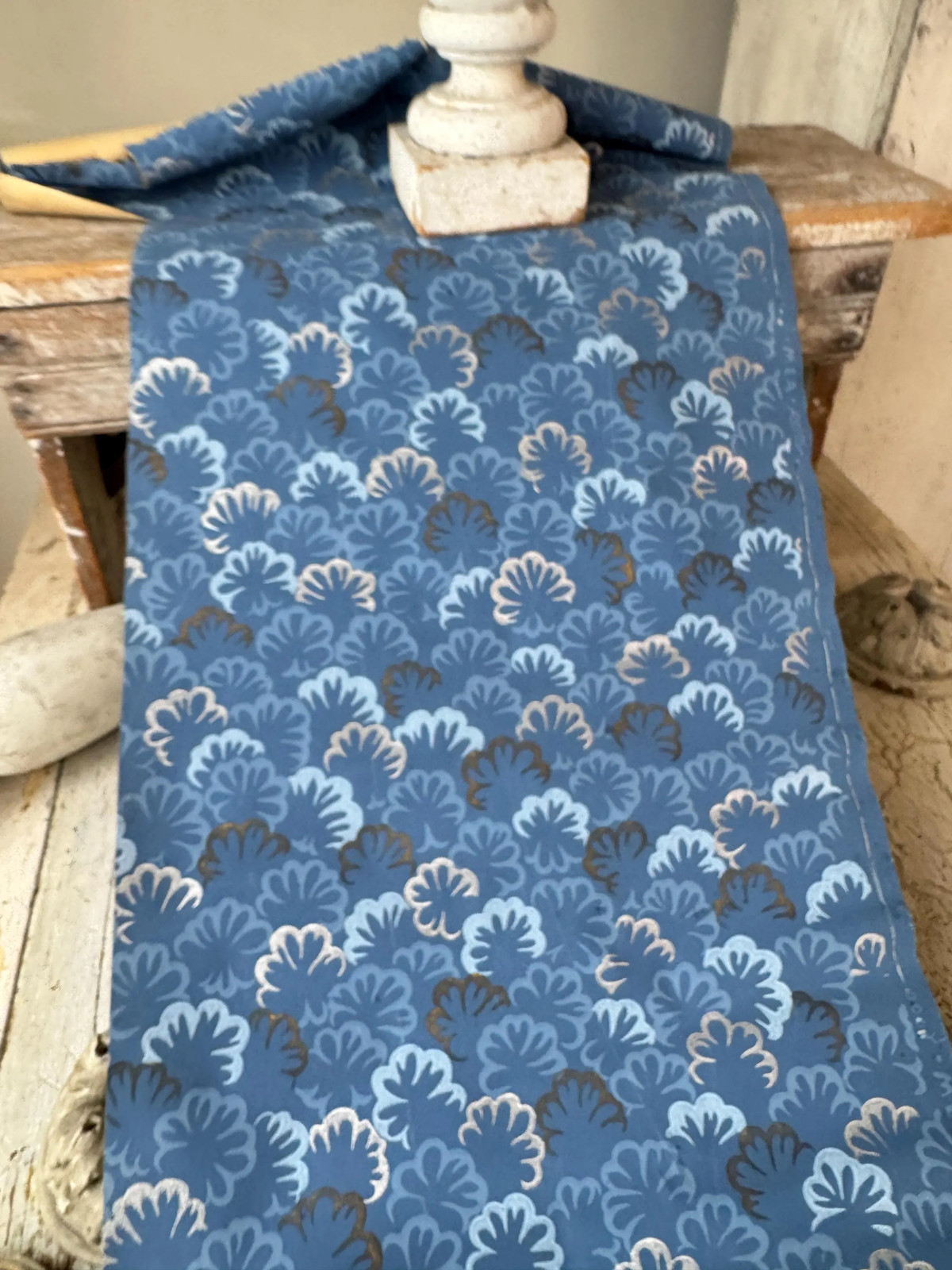 26 in French c1930 Vintage Wallpaper Blue Silver Floral Motif Unique Wall Art H