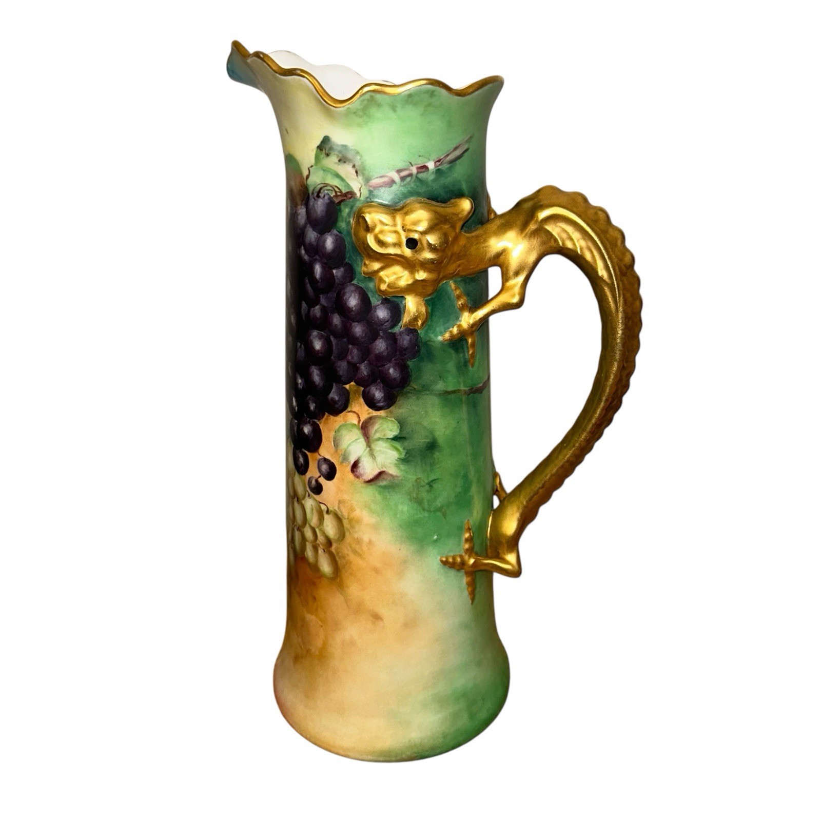 Vintage 15” Limoges Jean Pouyat Grape Tankard Dragon Handle Exquisite Stamped