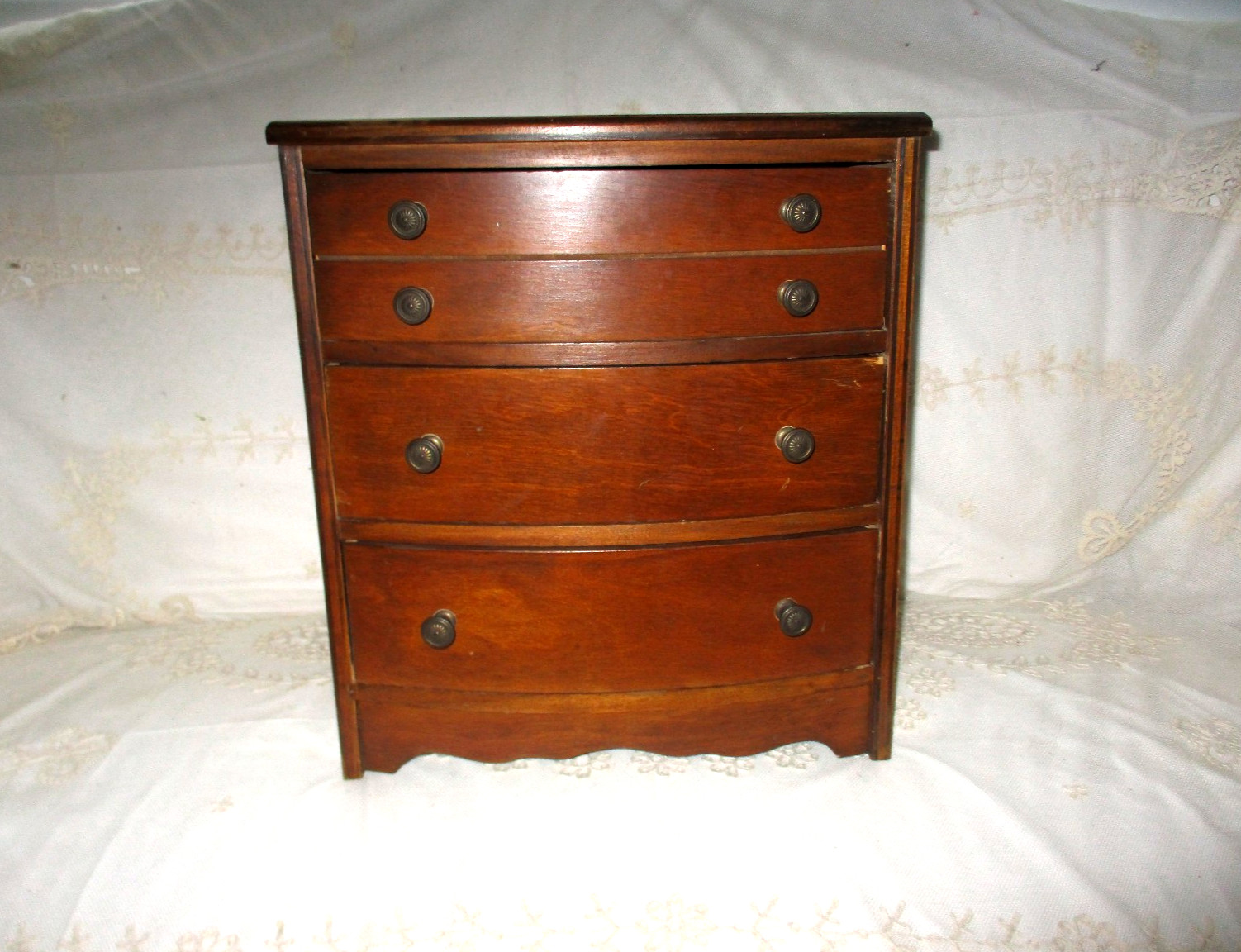 Vintage Federal Miniature Walnut Bow Front Chest of Drawers 16″ tall x 14″