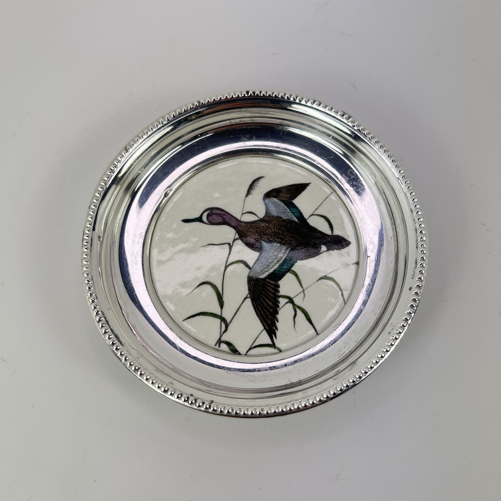 Frank M. Whiting Blue Wing Teal Duck Sterling Silver Coaster 4.25″ Delano Studio