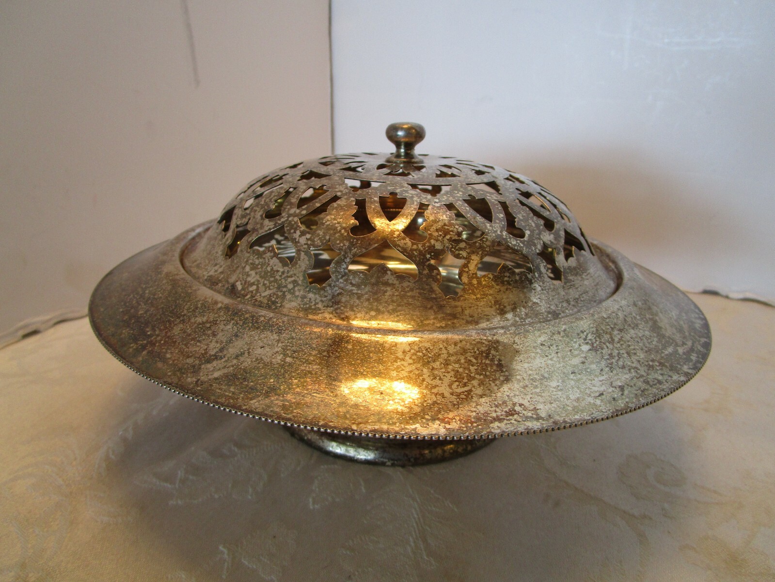 Antique Taber & Tibbits EPNS Silver Flower Arranger bowl Pierced Frog Lid 10″ W