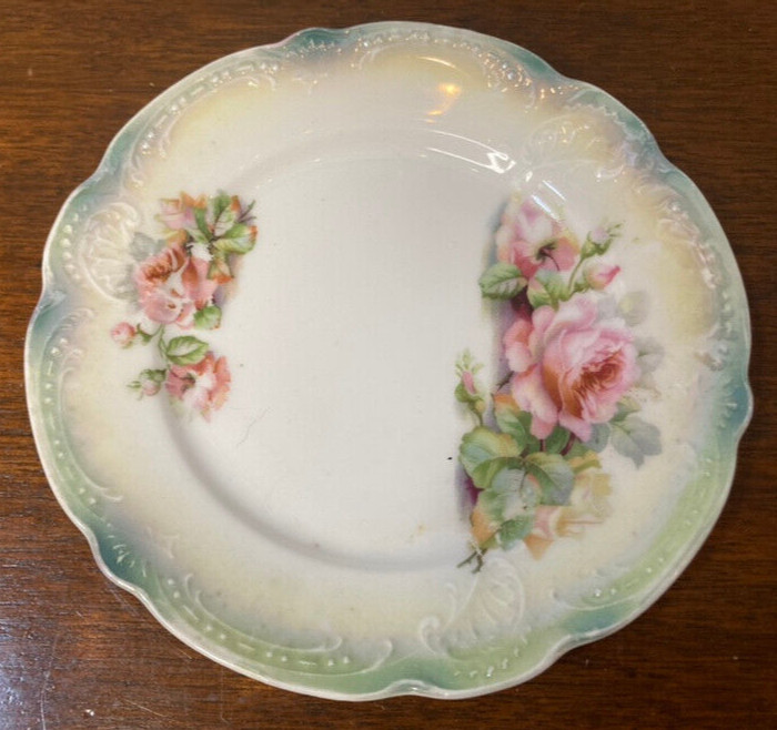 Antique P.K. Silesia Porcelain Bread Plate Pink Roses Green & Yellow Luterware