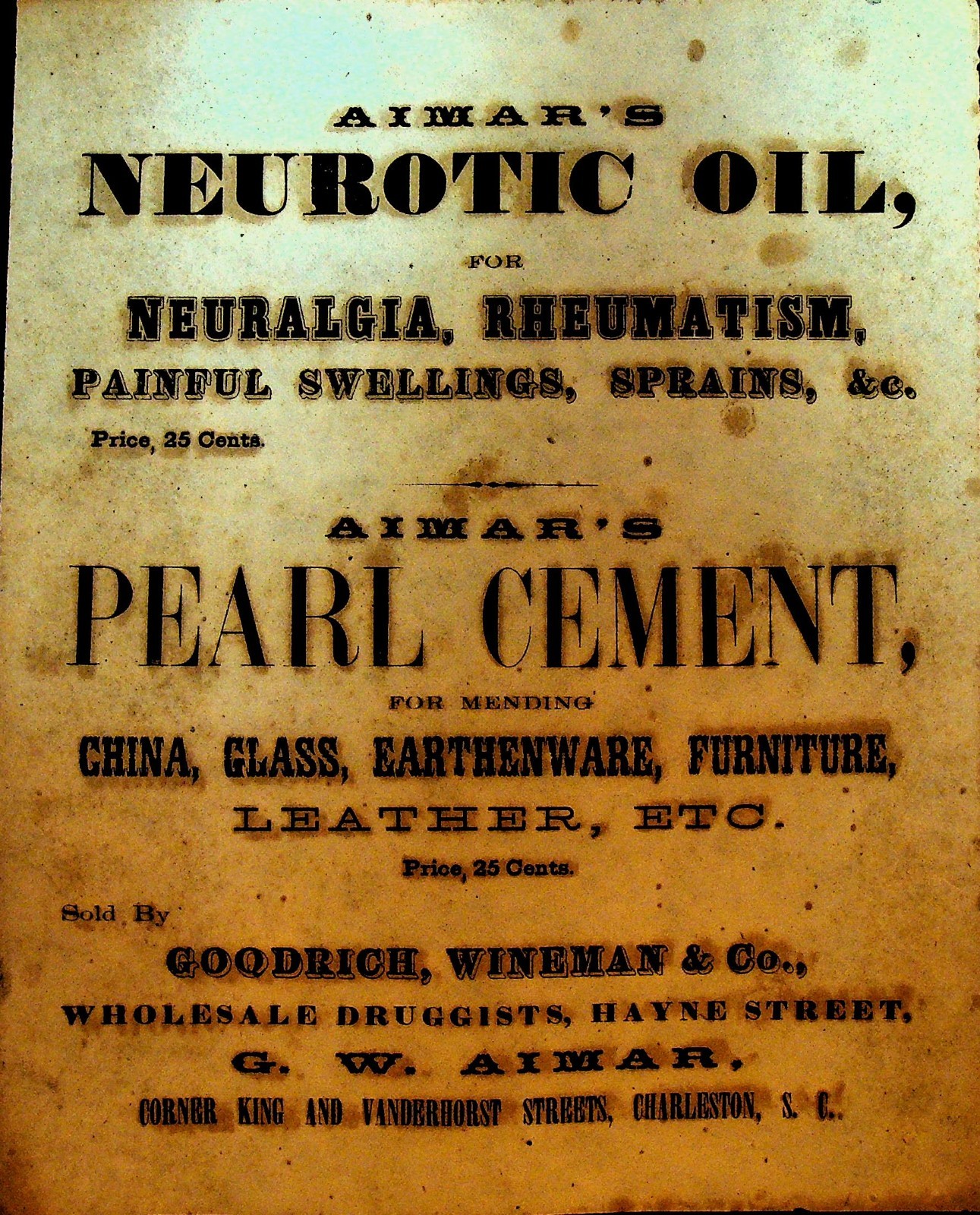 Aimar’s Neurotic Oil For Neuralgia 1850s Charleston SC Broadside Pearl Cement