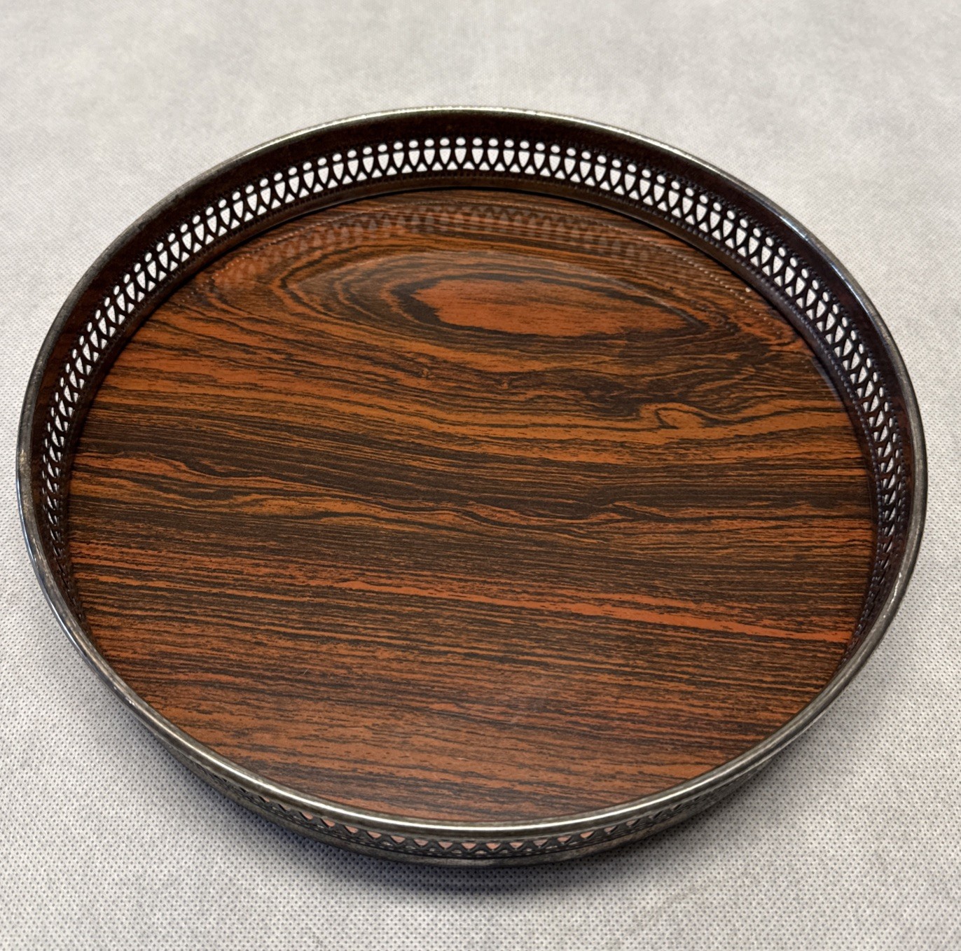 Vintage Silverplate Sheffield Round Serving Tray Formica Bottom 9.75” Dia MCM