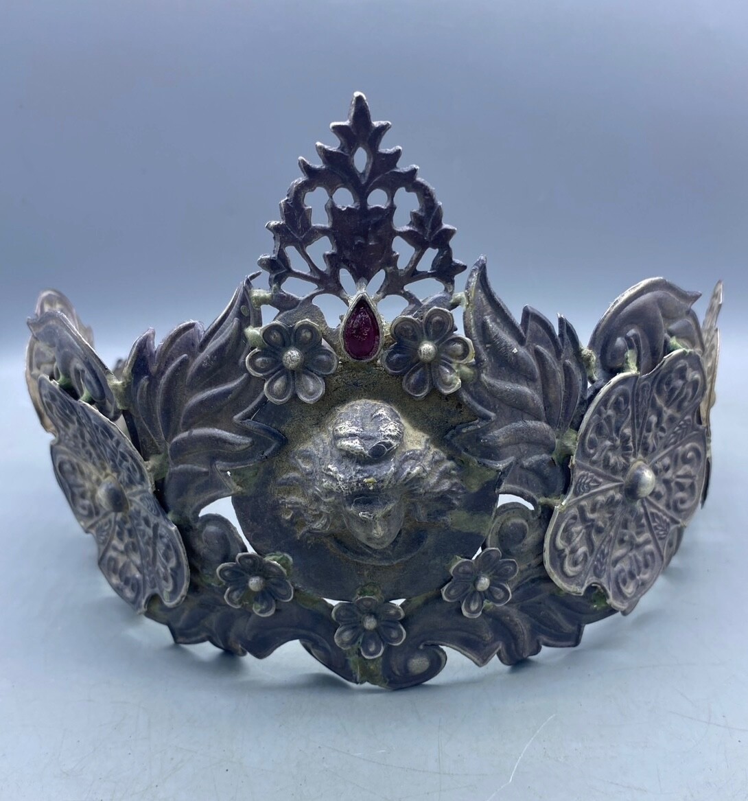 Beautiful Ancient Roman Greek Face With Flower Design Tiara Bronze Crown