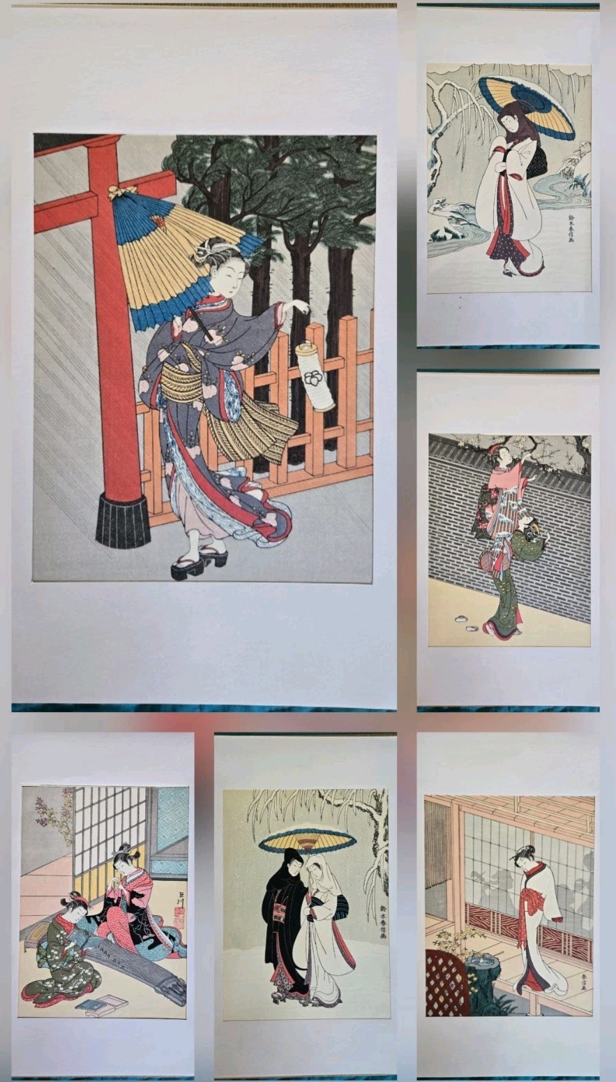 Vintage 1960 Suzuki Harunobu Woodblock 6 Print Portfolio w/ Dealer Business Card