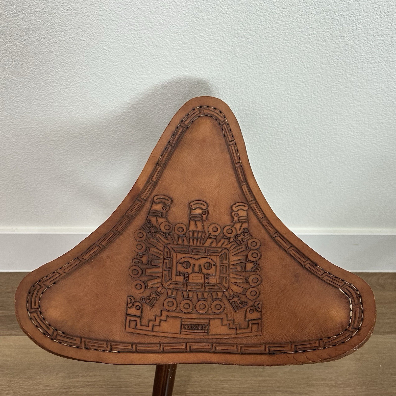 VTG Handcrafted Ecuadorian Hand Tooled Leather Folding Tripod Foot Stool/Seat