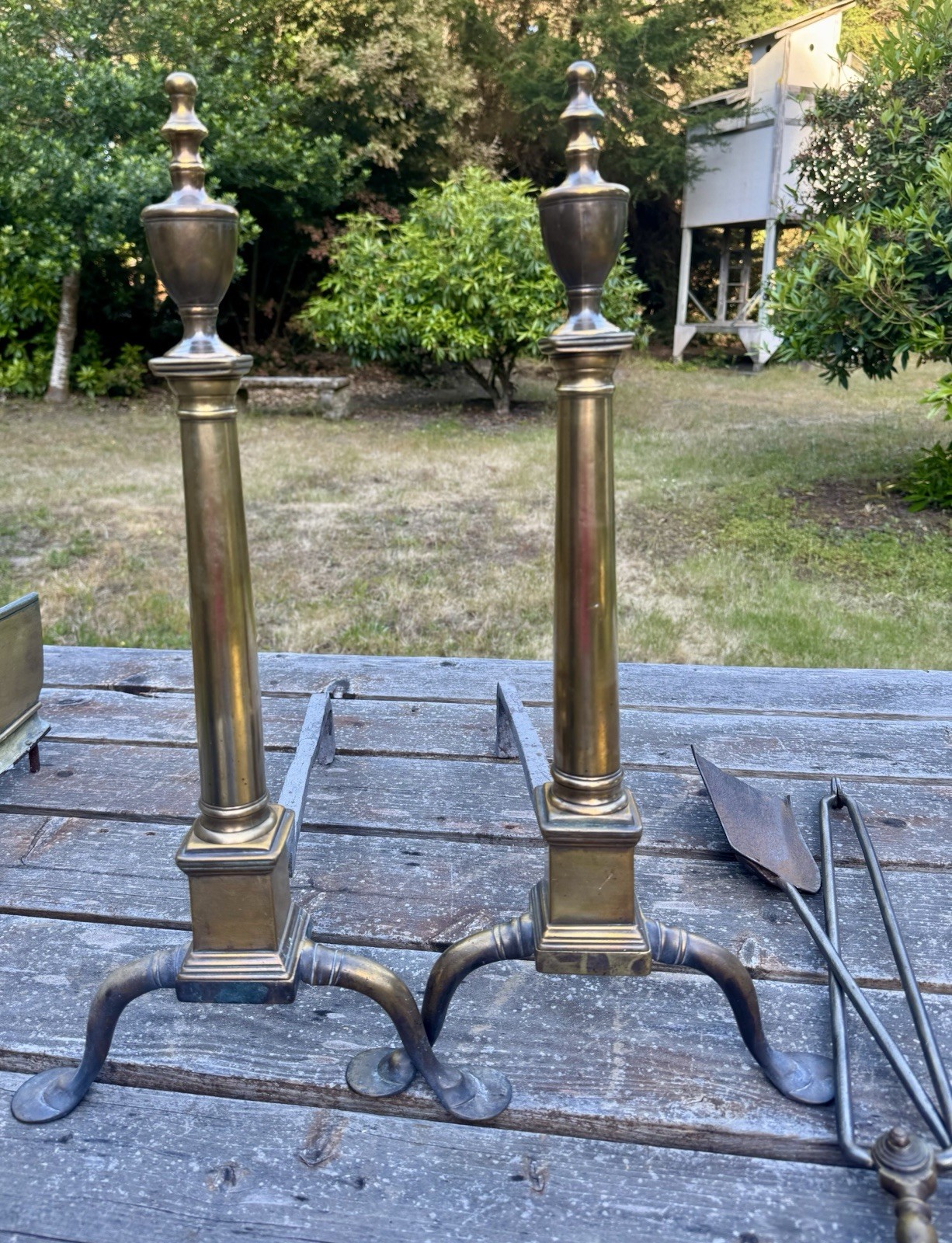 Antique Georgian Brass Andiron Pair and Tool Set, approx. late 1800’s