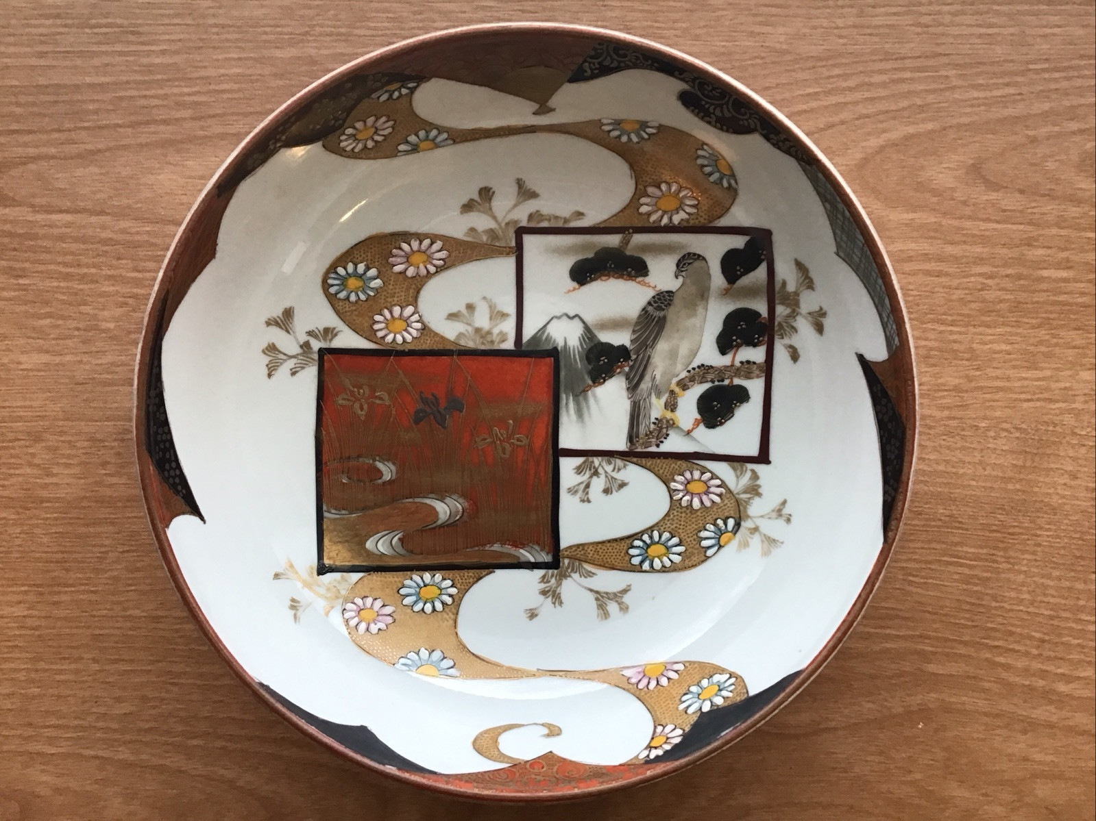 Vintage Japanese Hawk Cranes Hand Painted Signed Porcelain Bowl 7”