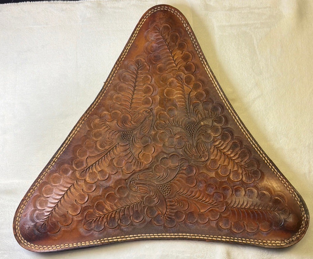 Leather Hand Tooled Tripod Stool Seat Only Saddles Vintage 16 x 13 3/4 No Legs