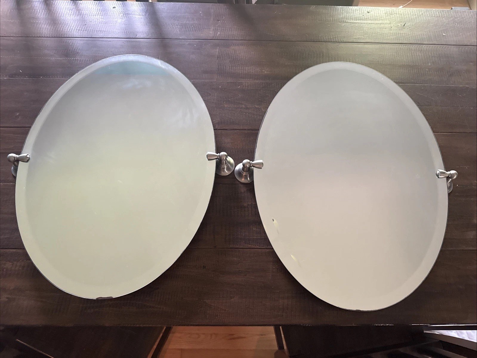 2 Frameless Oval Shaped Beveled Mirrors 36″ X 19″ With Attachment For Mount