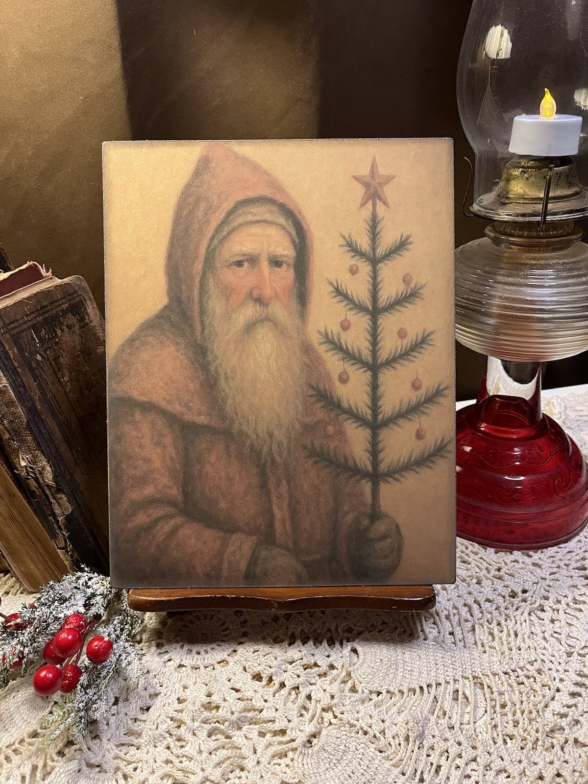 Prim Colonial Folk Art Christmas Belsnickel Santa Claus Canvas Board Sign #4