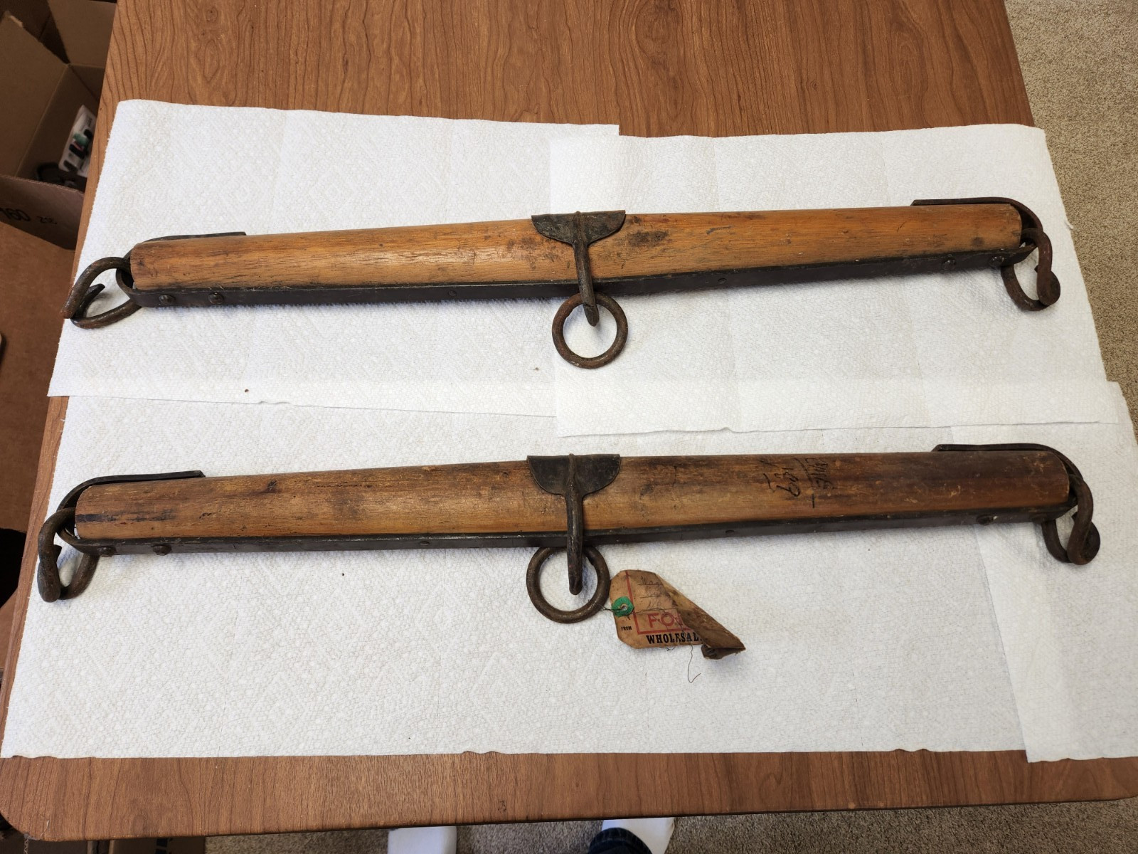 Pair of Vintage Primitive Wood Cast Iron OX HORSE FARM Yoke Single Tree 30″