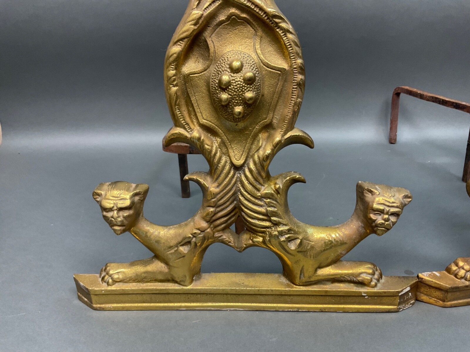 Antique Solid Brass Griffin Lion Top Coat Of Arms Shield Andirons ” Verona” Vtg