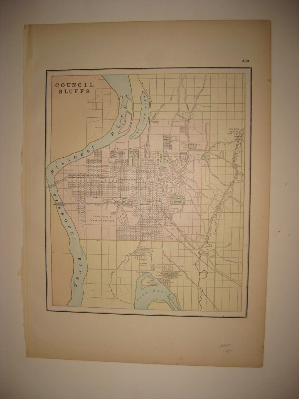 LARGE FINE ANTIQUE 1891 COUNCIL BLUFFS IOWA MAP RAILROAD DETAILED SUPERB RARE NR