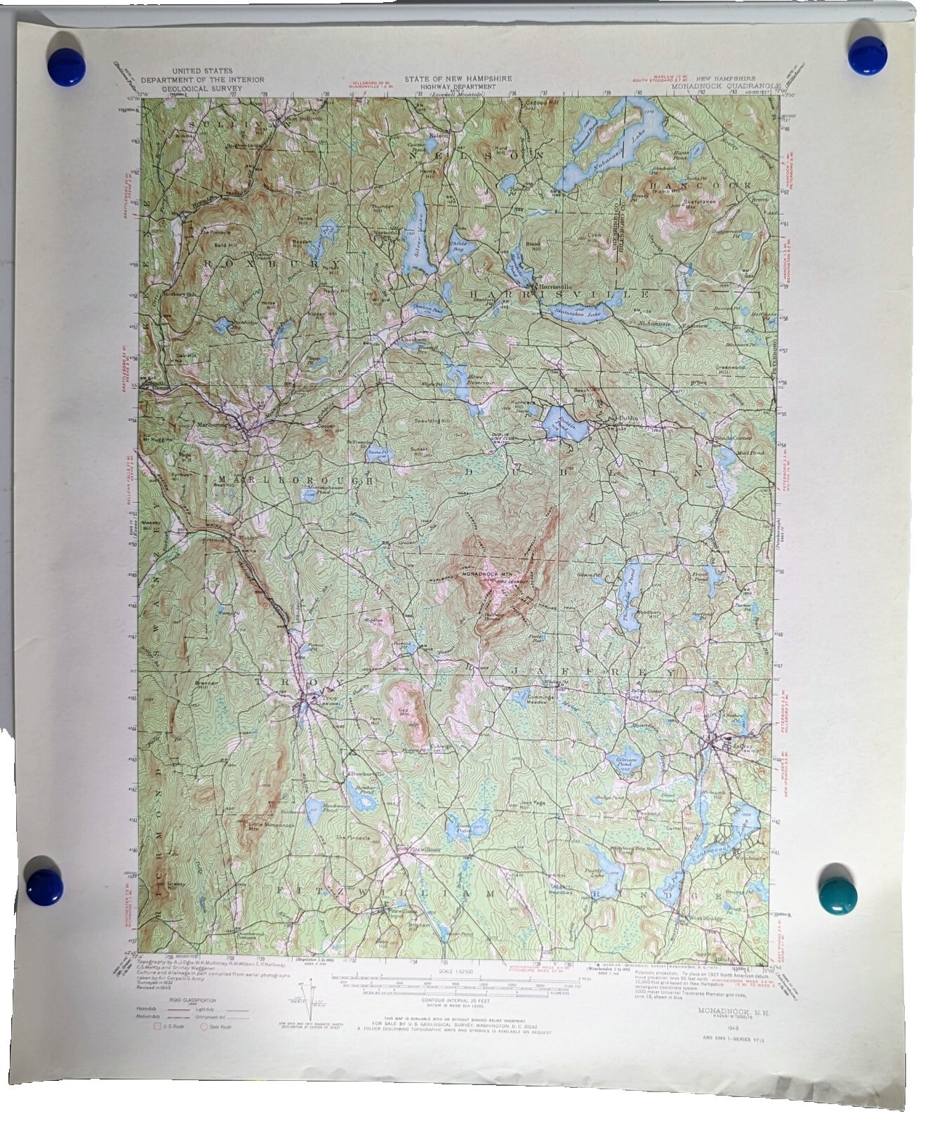 New Hampshire Monadnock Quadrangle (1949 survey) Original Vintage USGS Topo Map
