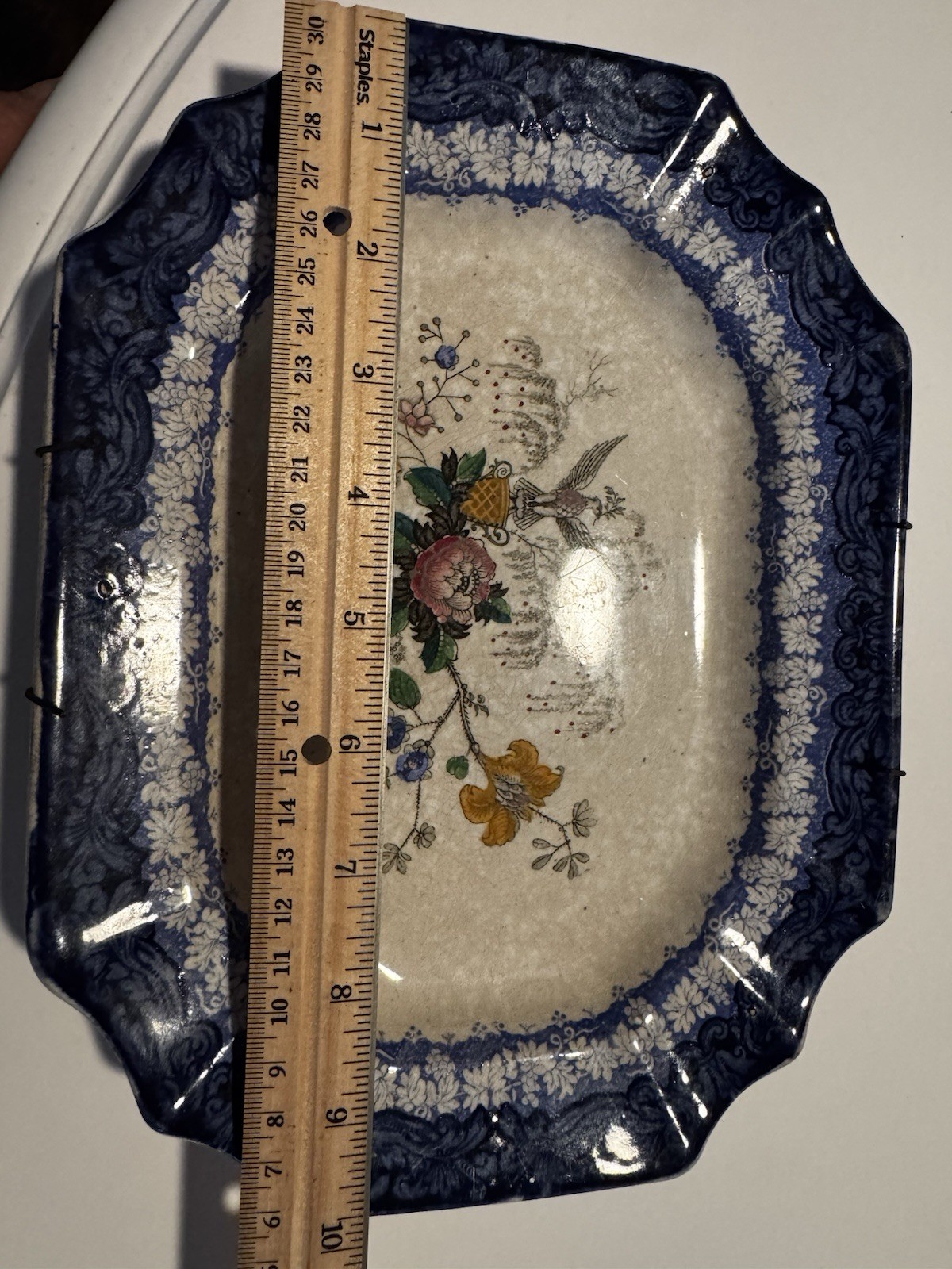Gorgeous Flensburg 1840 Pottery Transferware Blue White 10 X 7.5” Antique Enamel