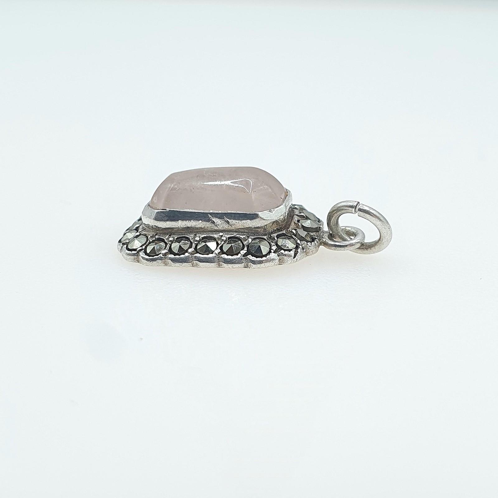 Antique Art Deco Solid Silver Rose Quartz Pendant Marcasite Halo Rectangular