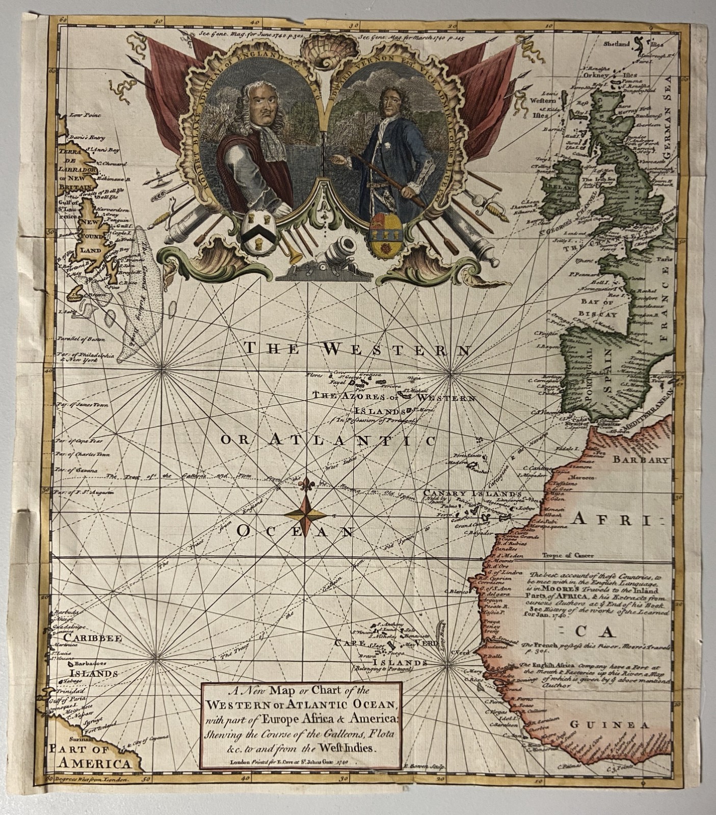 1740 The Western Or Atlantic Ocean Colored Map With Newfoundland Great Britain
