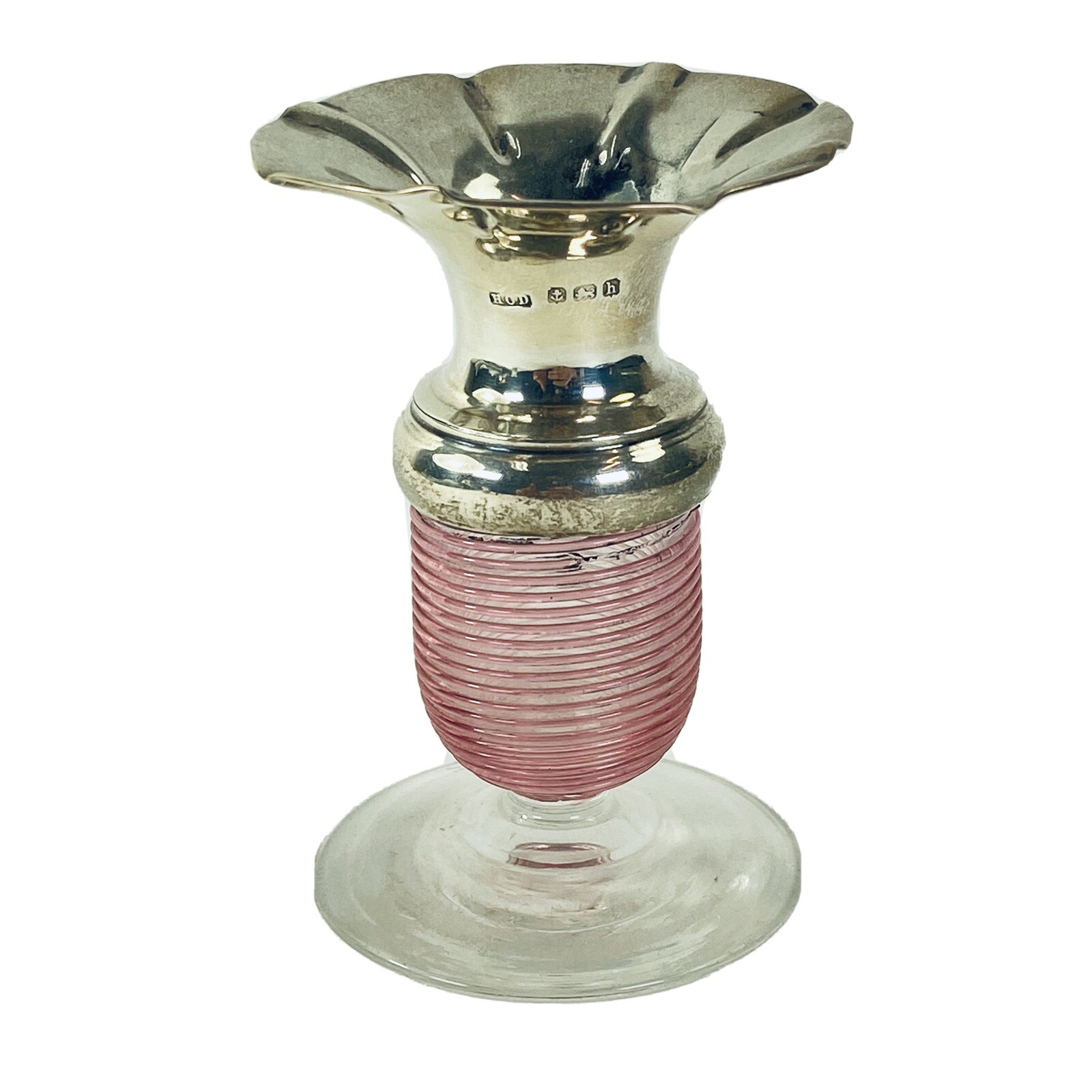 Ribbed Cranberry Glass & Sterling Vase Birmingham 1907 Henry Clifford Davis