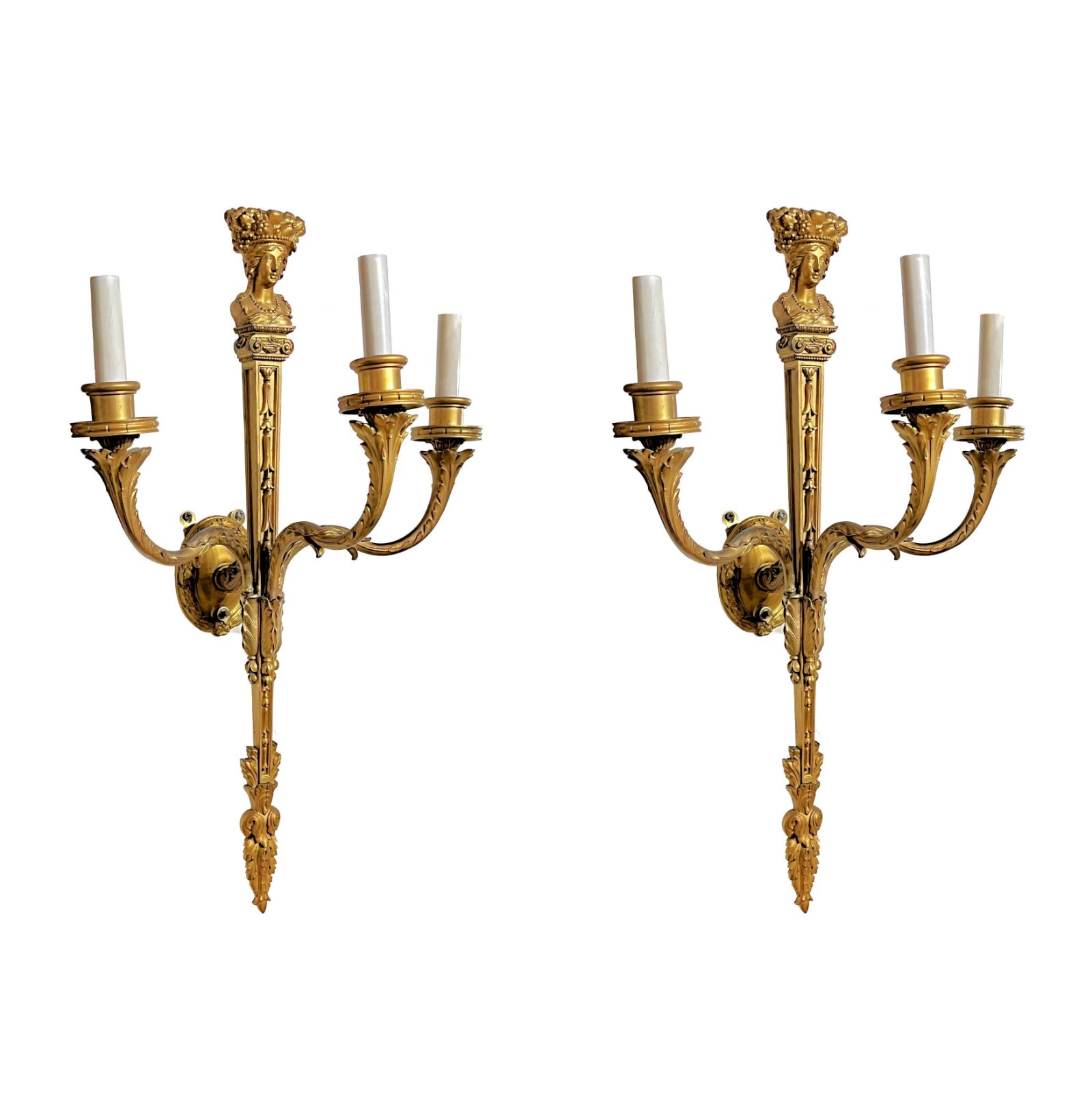 Pair E.F. Caldwell Greek / Roman Neoclassical Gilt Bronze 3-Light Sconces