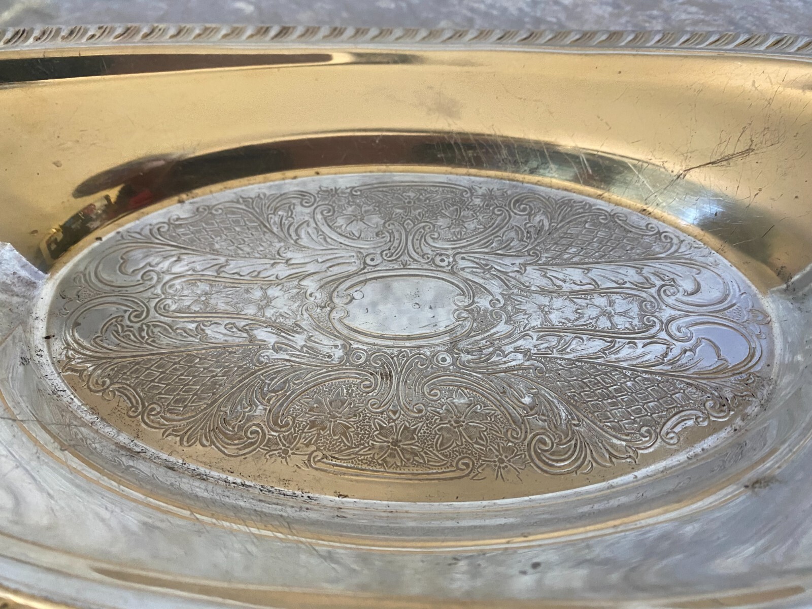 Crosby Silver Plated Oval Bread Tray Etched Pattern 12 1/2″