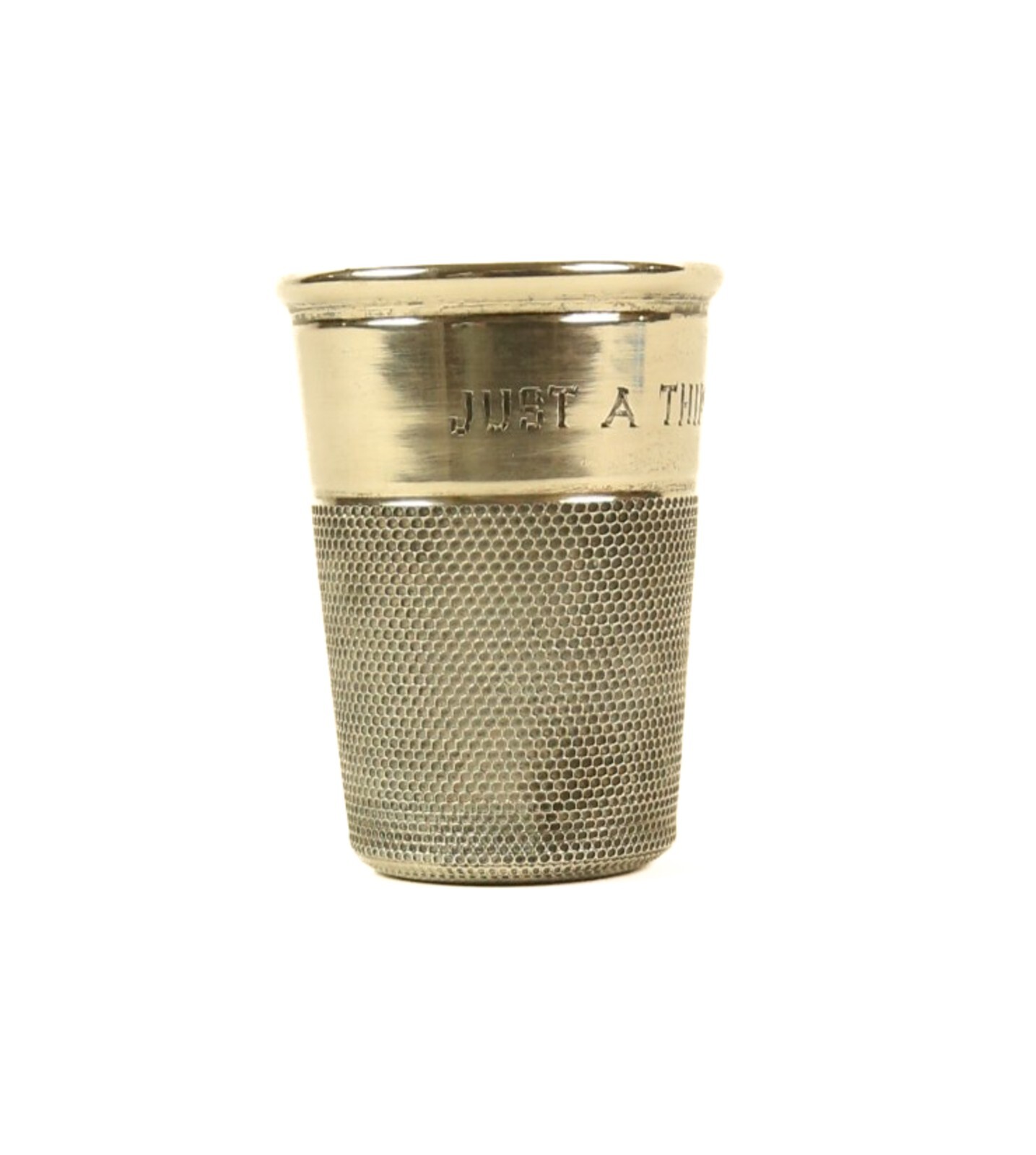 Thimble shaped Stirrup cup JUST A THIMBLE FULL Chester 1948