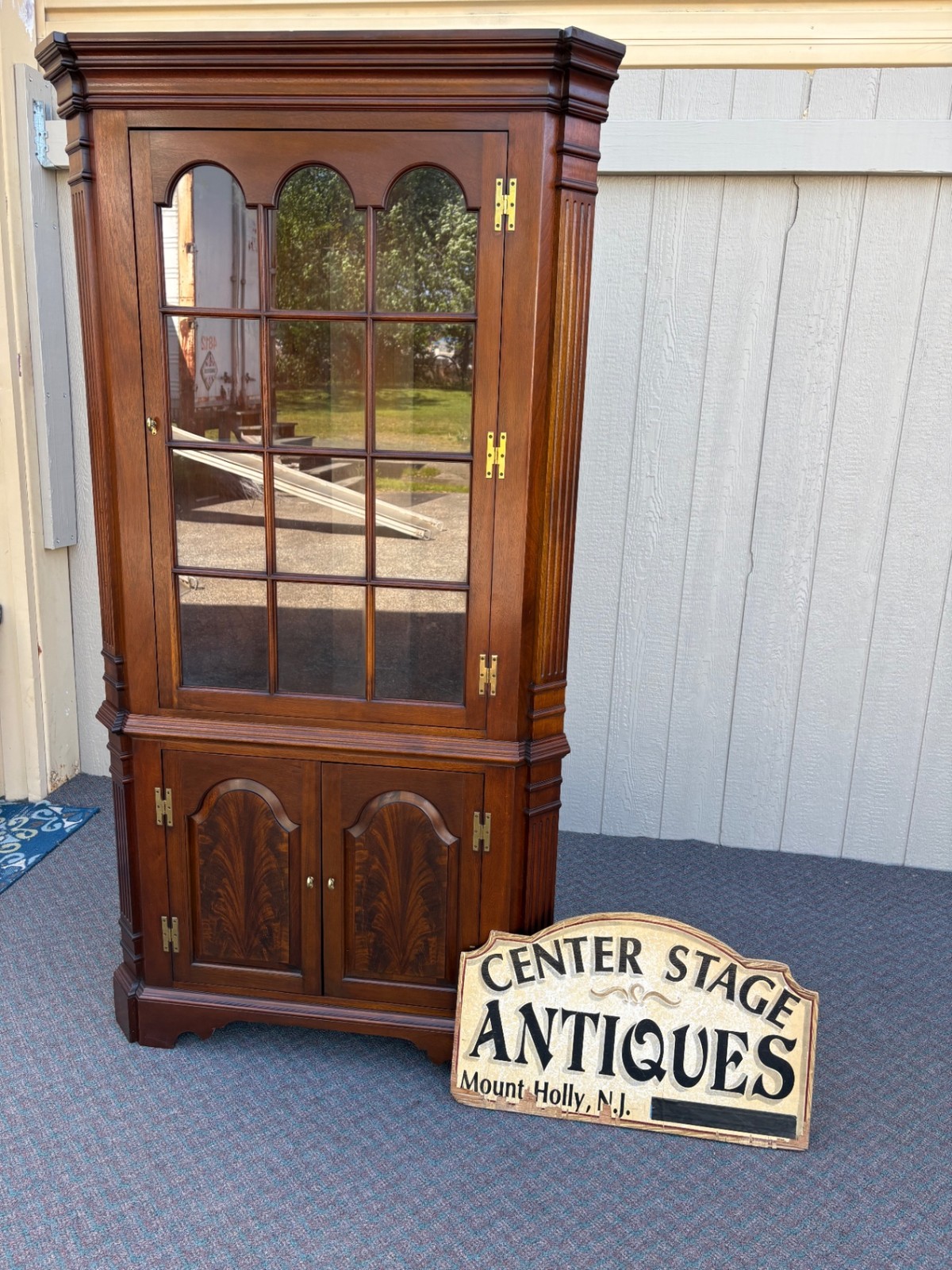 67701 Elegant Mahogany Corner Cabinet with Glass Doors and Shelves