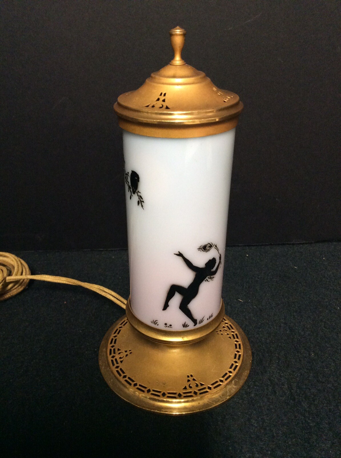 Art Deco Glass and Brass Silhouette Perfume Lamp
