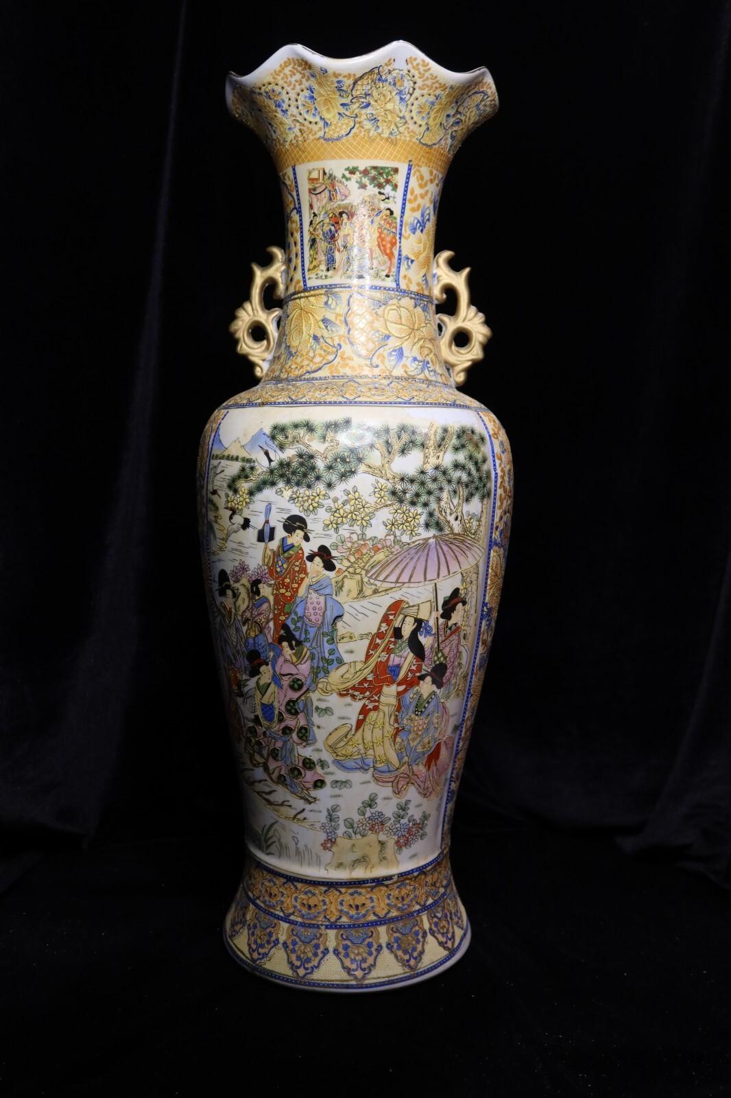 Vintage Satsuma Large Japanese Umbrella Floor Vase Geisha Girl Scenes 23 3/4″