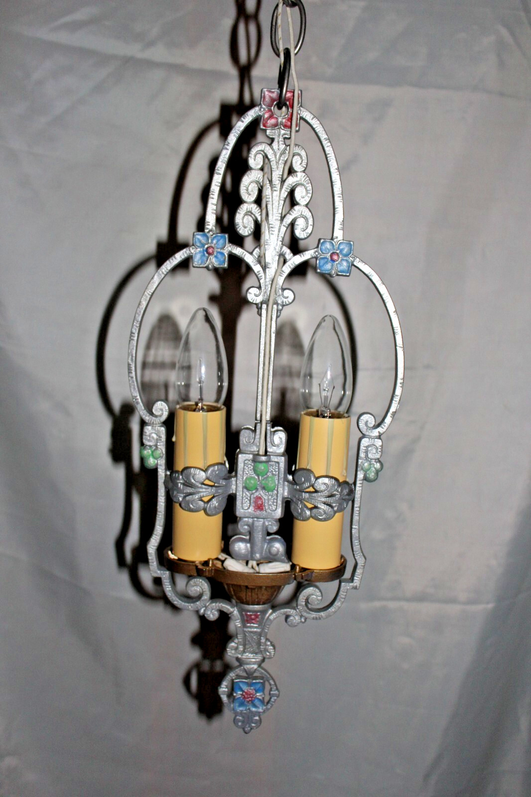 1920s Unique 2 Bulb Brushed Nickel Candle Riddle Co. Pendant Fixture Restored