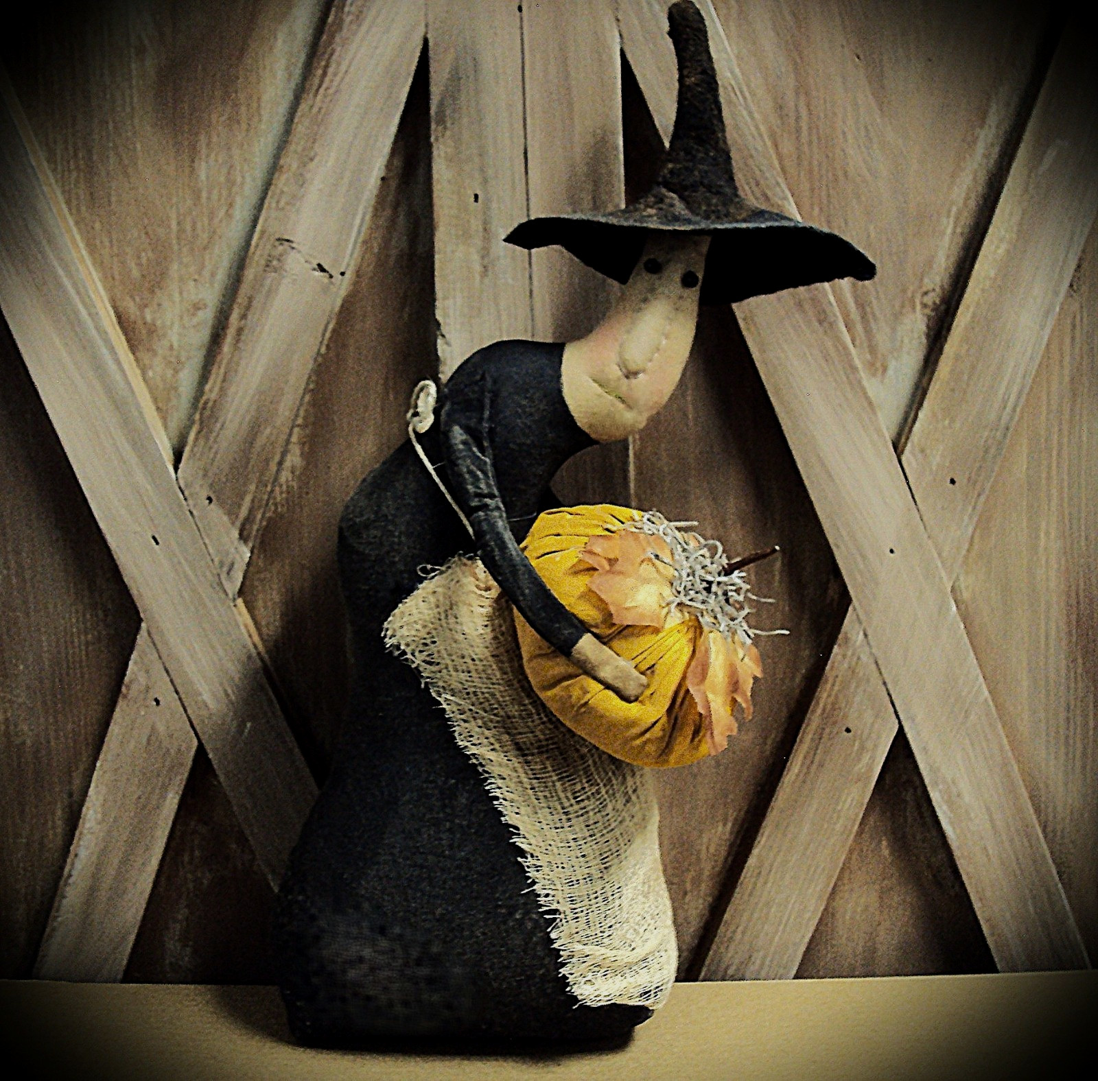 Primitive Folk Art Farmhouse Black Halloween Witch /Hat Handmade Pumpkin Ornie