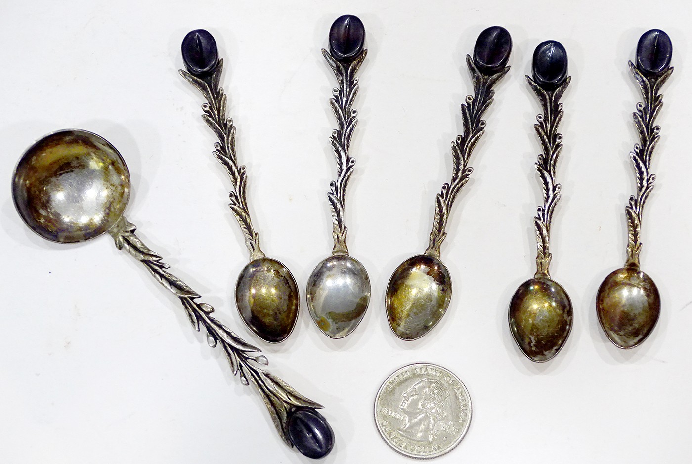 6 Vintage 900 STERLING SILVER Demitasse COFFEE BEAN Finial DEMITASSE SPOON