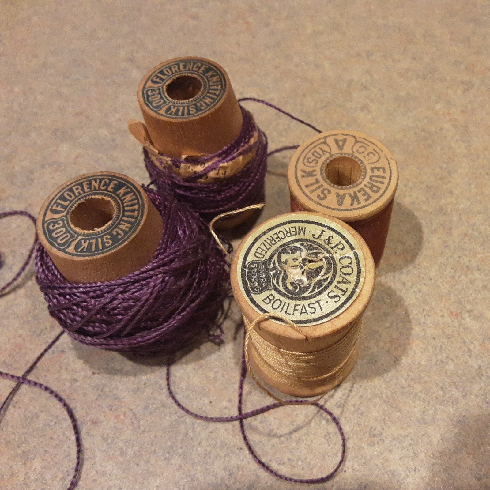 Florence Kniting Silk VTG Wood Spool Eureka Silk Thread Lot Of 4 Sewing Fly Fish