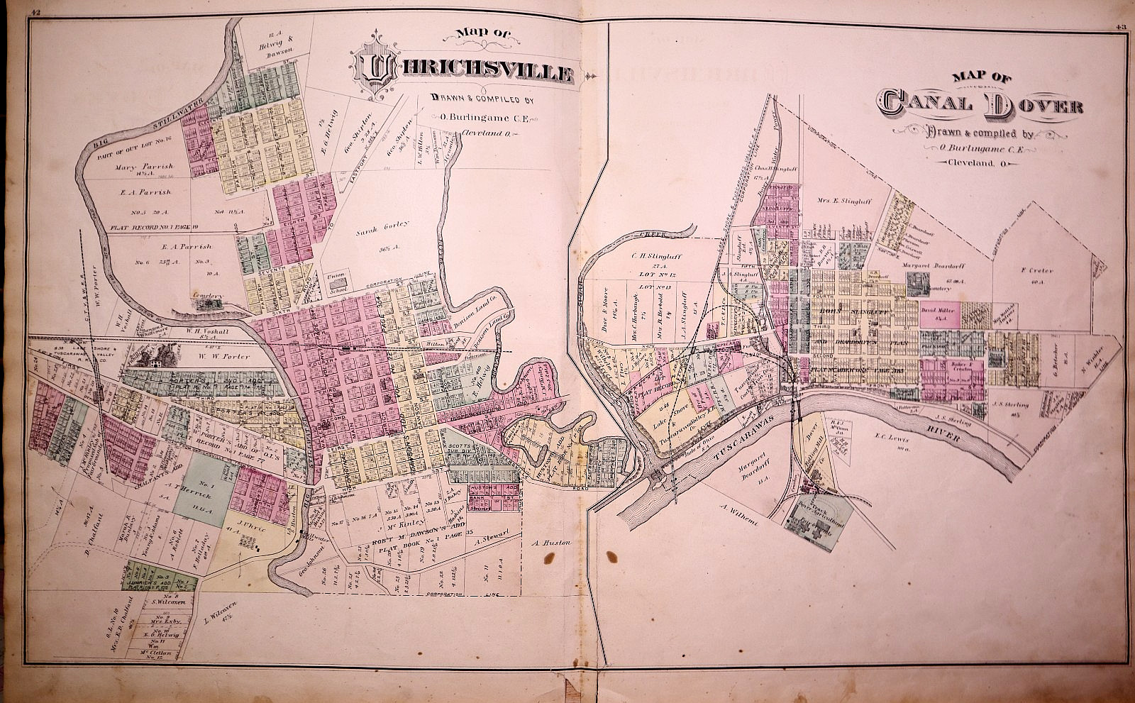 Rare Antique 1875 Plat Map ~ Canal Dover & Uhrichsville, Tuscarawas County, Ohio