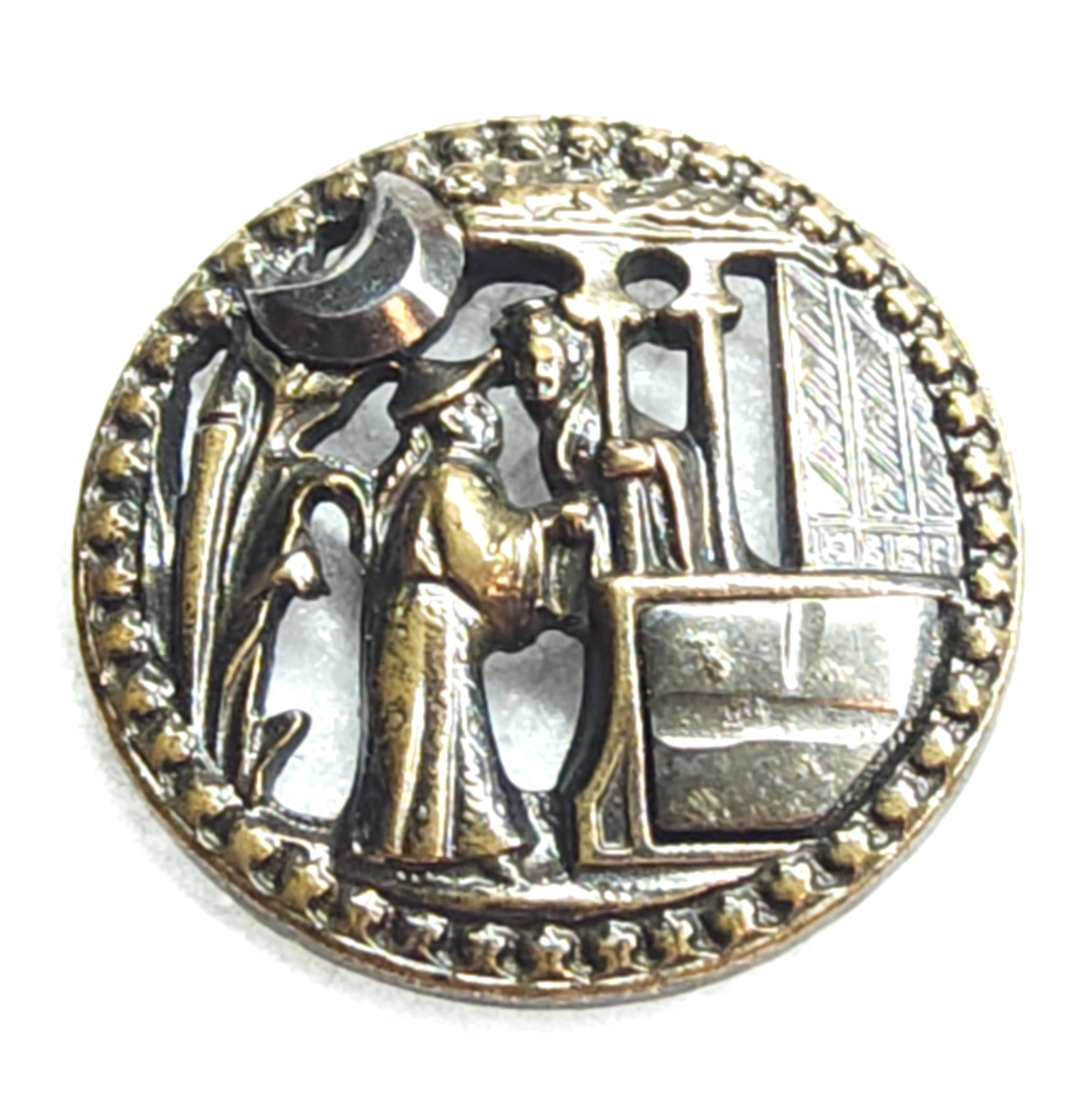 Oriental Wedding ~ Antique Pierced Brass Picture Button w/ Steel Moon & Balcony