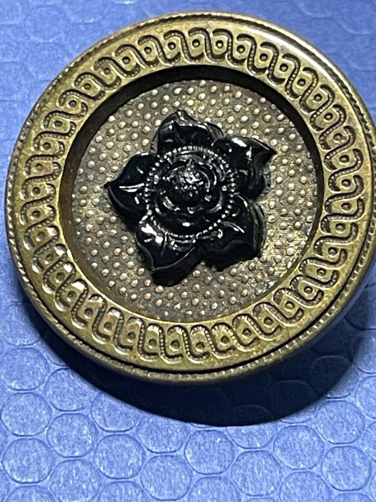 Antique Black Glass In Metal Floral Brass Button