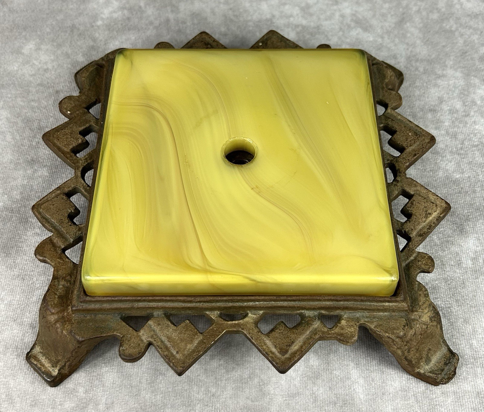 Antique Cadmium Yellow Art Glass Cast Iron Lamp Base UV Reactive Glows