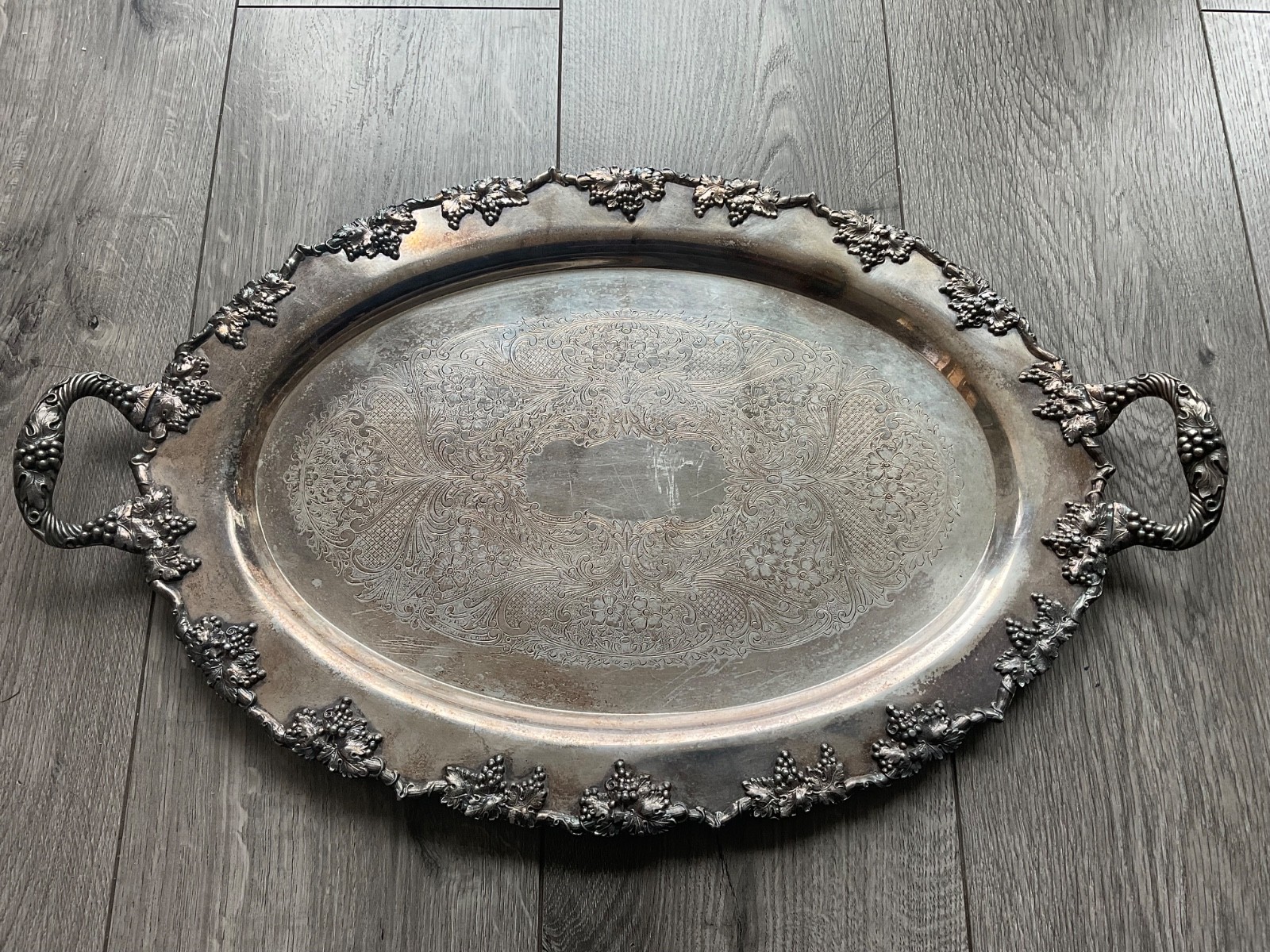 VINTAGE Crescent Silver on Copper Oval Serving Tray Grape Vine Pattern
