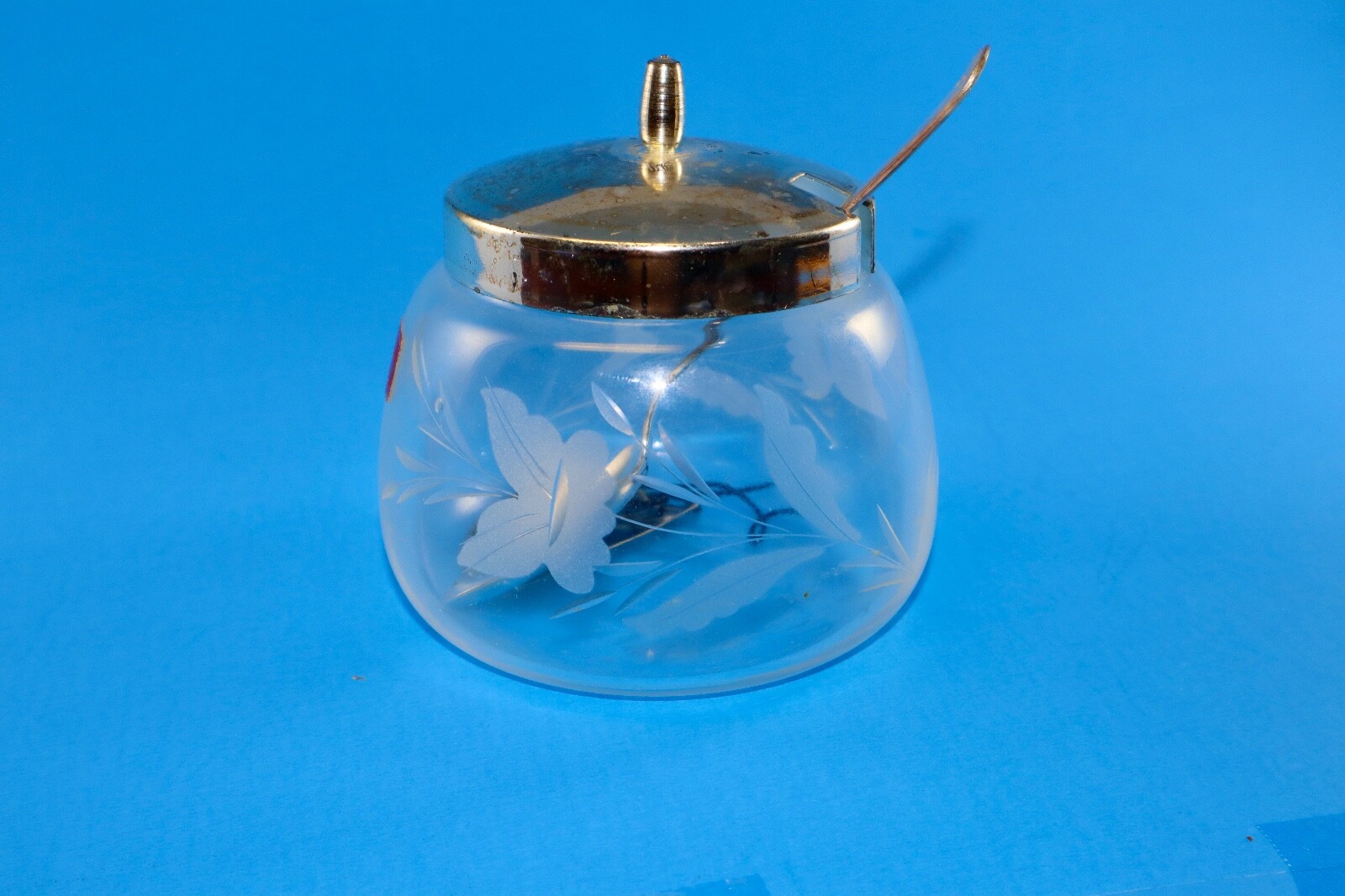 Antique Floral Crystal Jam Jelly Jar + Sterling Silver  Lid + Spoon SET