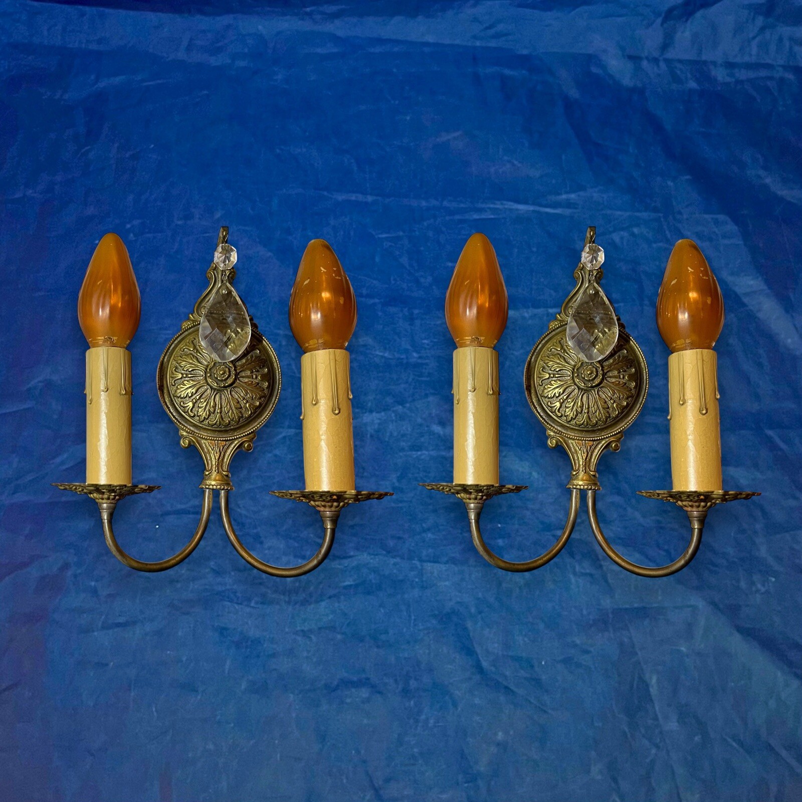 Pair Brass Antique Sconces Double Candle Wall Sconces Nice 25C