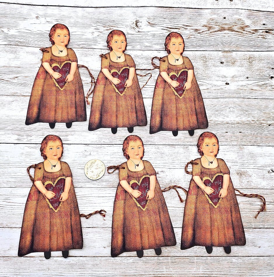 6-Valentine’s Day-Primitive-Girl-Fussy Cut-Farmhouse-Smooth Cardstock-Ornaments