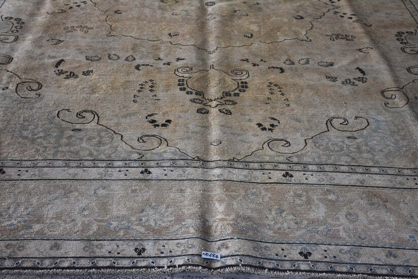 Restored Antique Dyed Turkish 9′ 5″ x 12′ 6″ Beige Handmade Area Rug