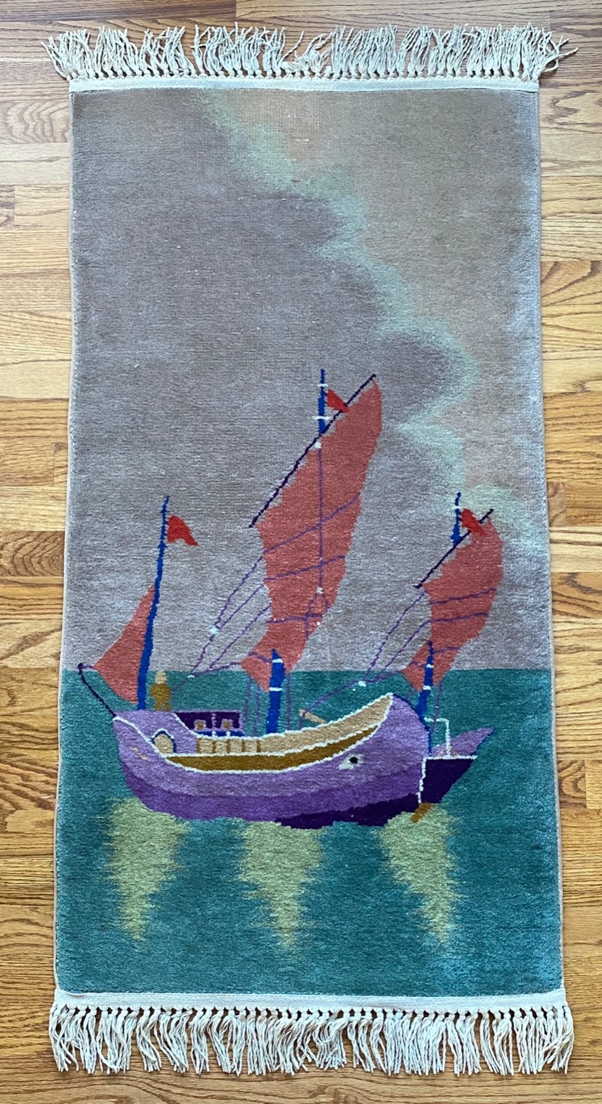 Antique Chinese Rug 46″ x 24″ Junk Handmade Wool Asian Oriental Boat Motif