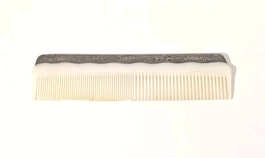 Antique Silver Topped Hair Comb Floral Etched Vintage Z